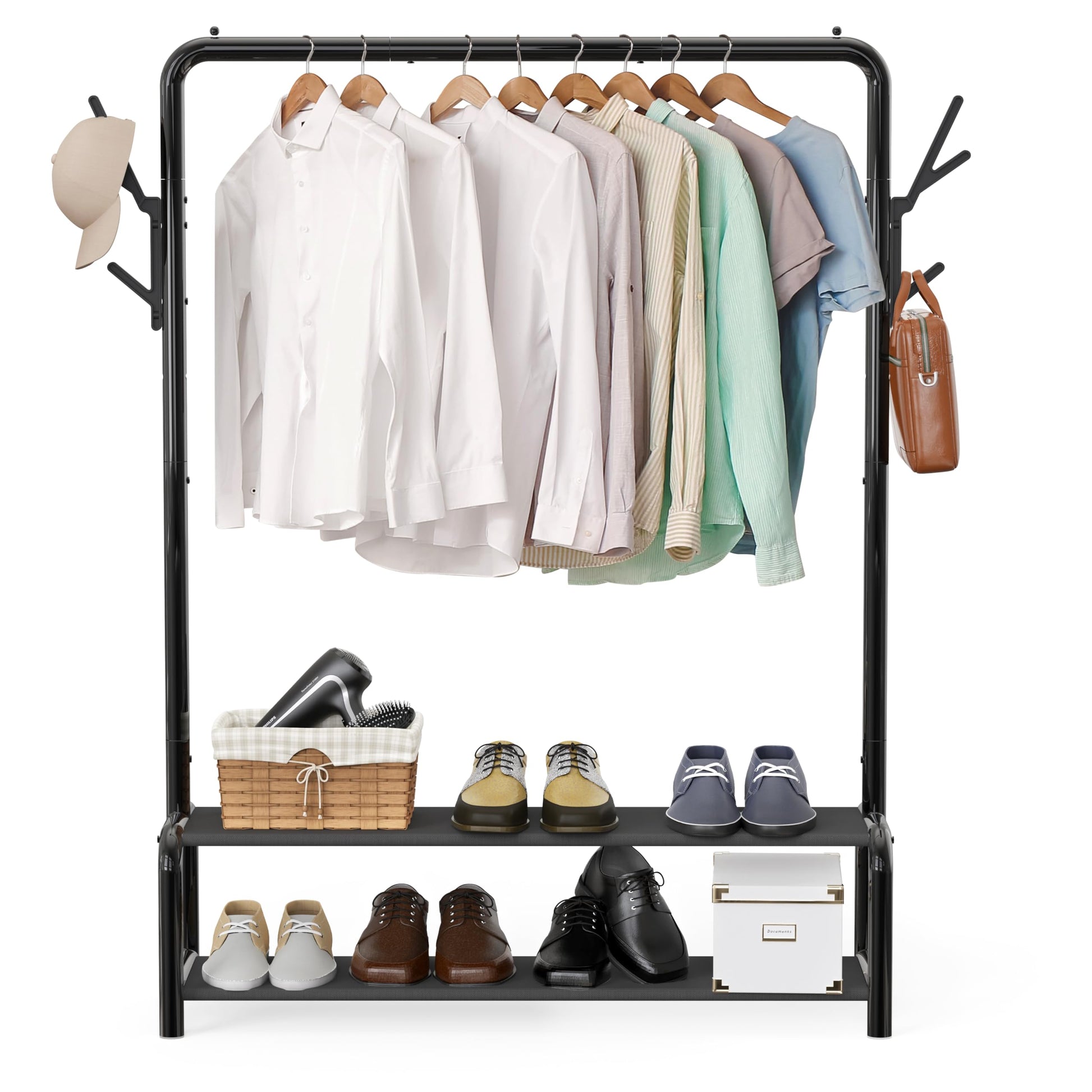 Simple Houseware 52-Inch Freestanding Closet Garment Rack with Storage Shelves and Coat/Hat Hooks, Black
