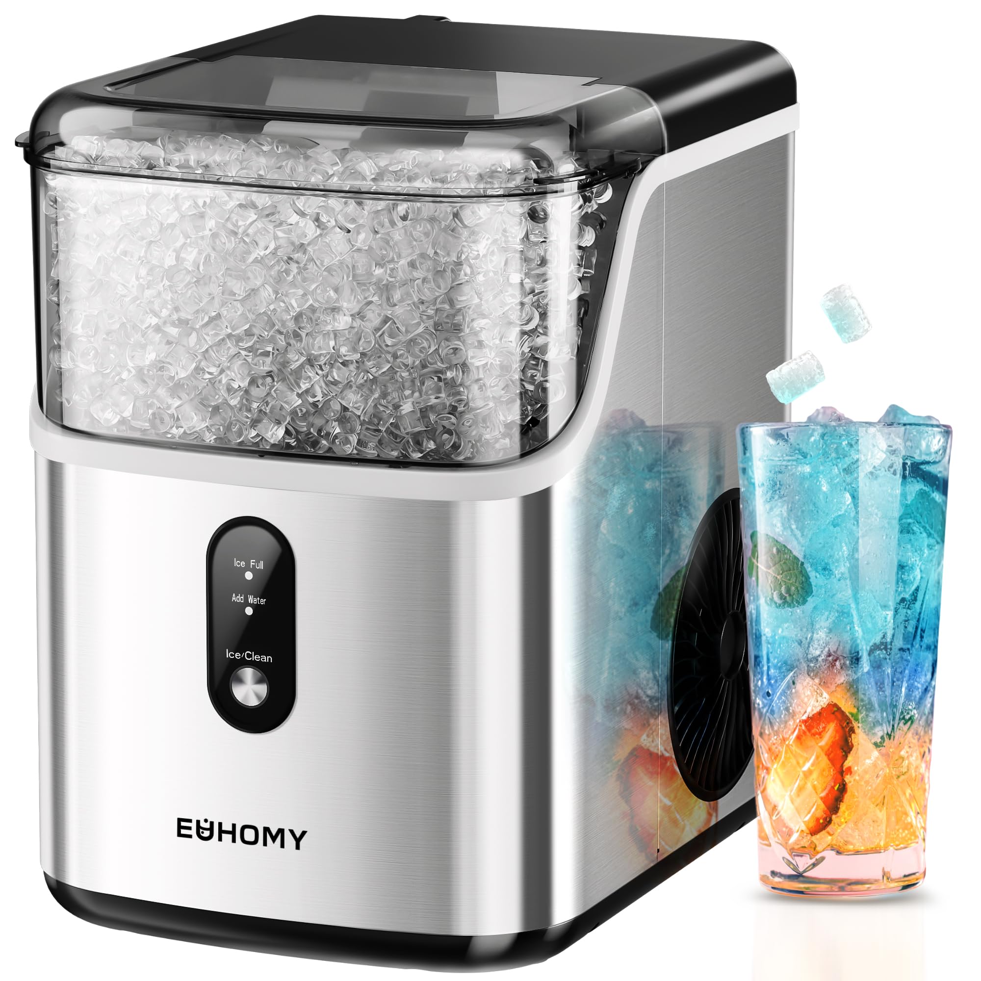 EUHOMY Nugget Eiswürfelbereiter Arbeitsplatte, Kiesel-Eismaschine mit 35lbs/24h Weichem Eis, Selbstreinigender Sonic-Eisbereiter mit Eisschaufel und Korb, Pellet-Eisbereiter für Zuhause/Küche/Büro (Edelstahl)
