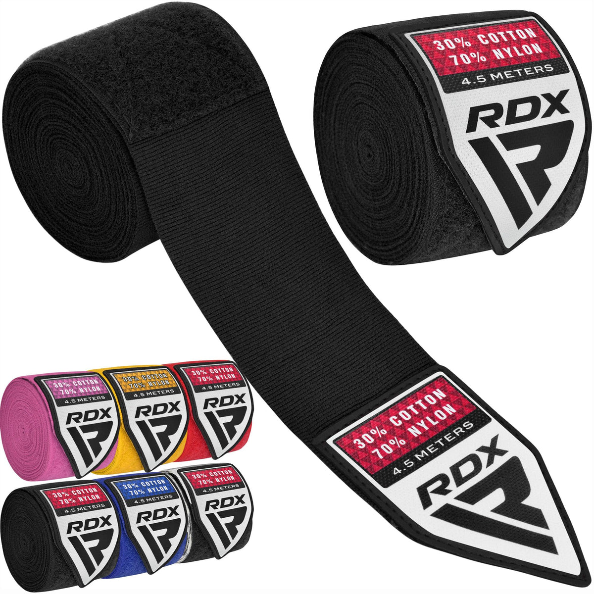 RDX Boxing Hand Wraps 4.5M / 180 Inches - Mexican Style Semi-Elastic MMA Inner Gloves - Wrist Support for Muay Thai, Kickboxing, BJJ, Karate - Thumb Loop & Hook and Loop Closure - Cotton & Nylon Blend