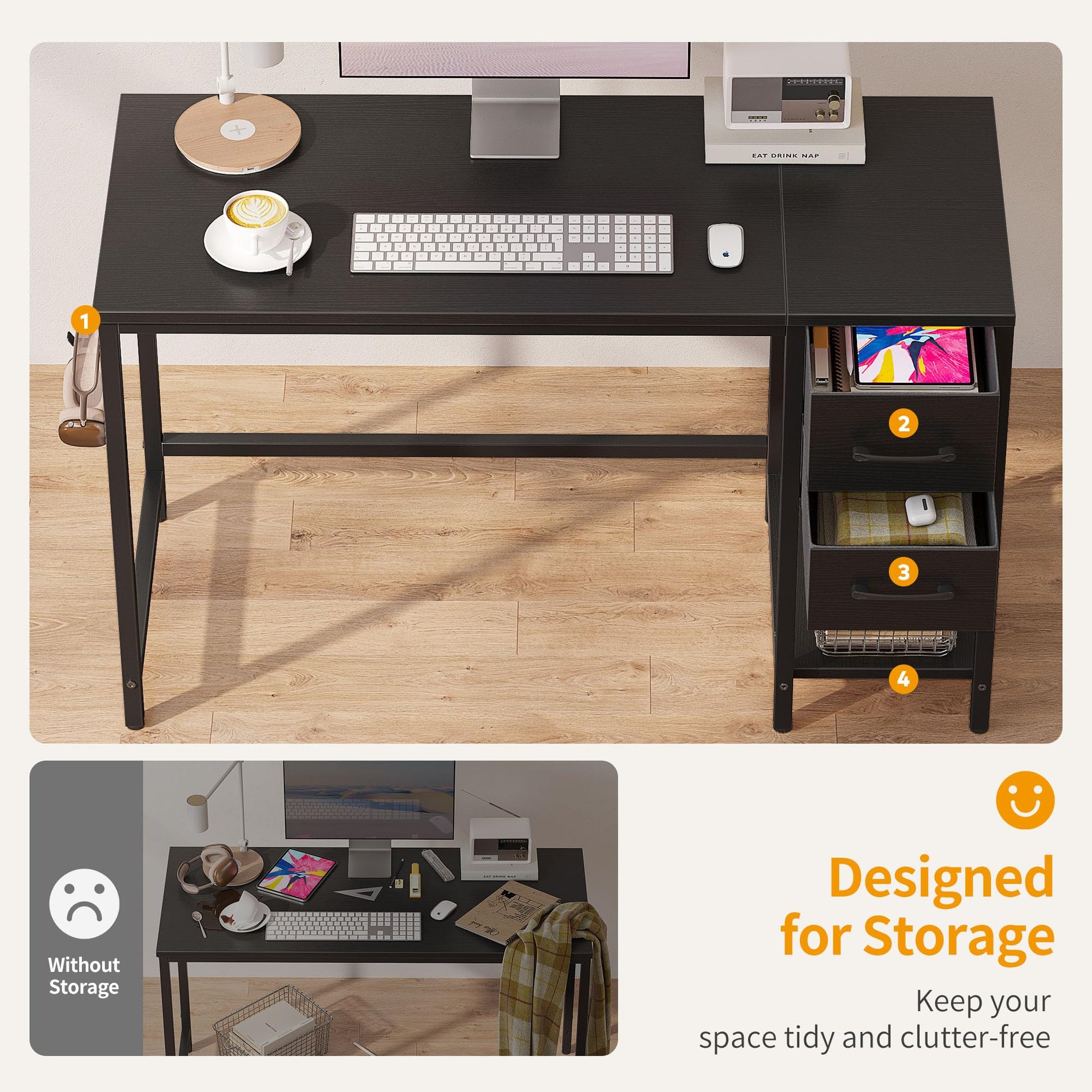 CubiCubi Computer Desk with 2 Drawers, 40 Inch Small Home Office Desk Study Writing Table, Modern Black