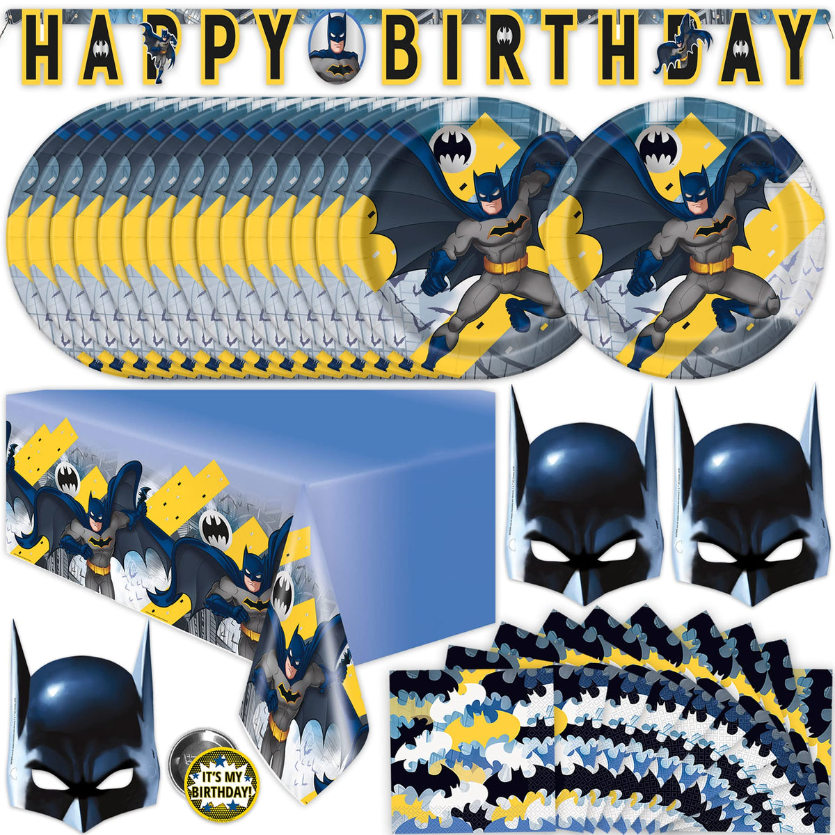 Einzigartige Batman Geburtstagsparty-Zubehör | Batman Partydekorationen | Mit Banner, Tischdecke, Masken, Tellern, Servietten, Anstecker | Für 16 Gäste