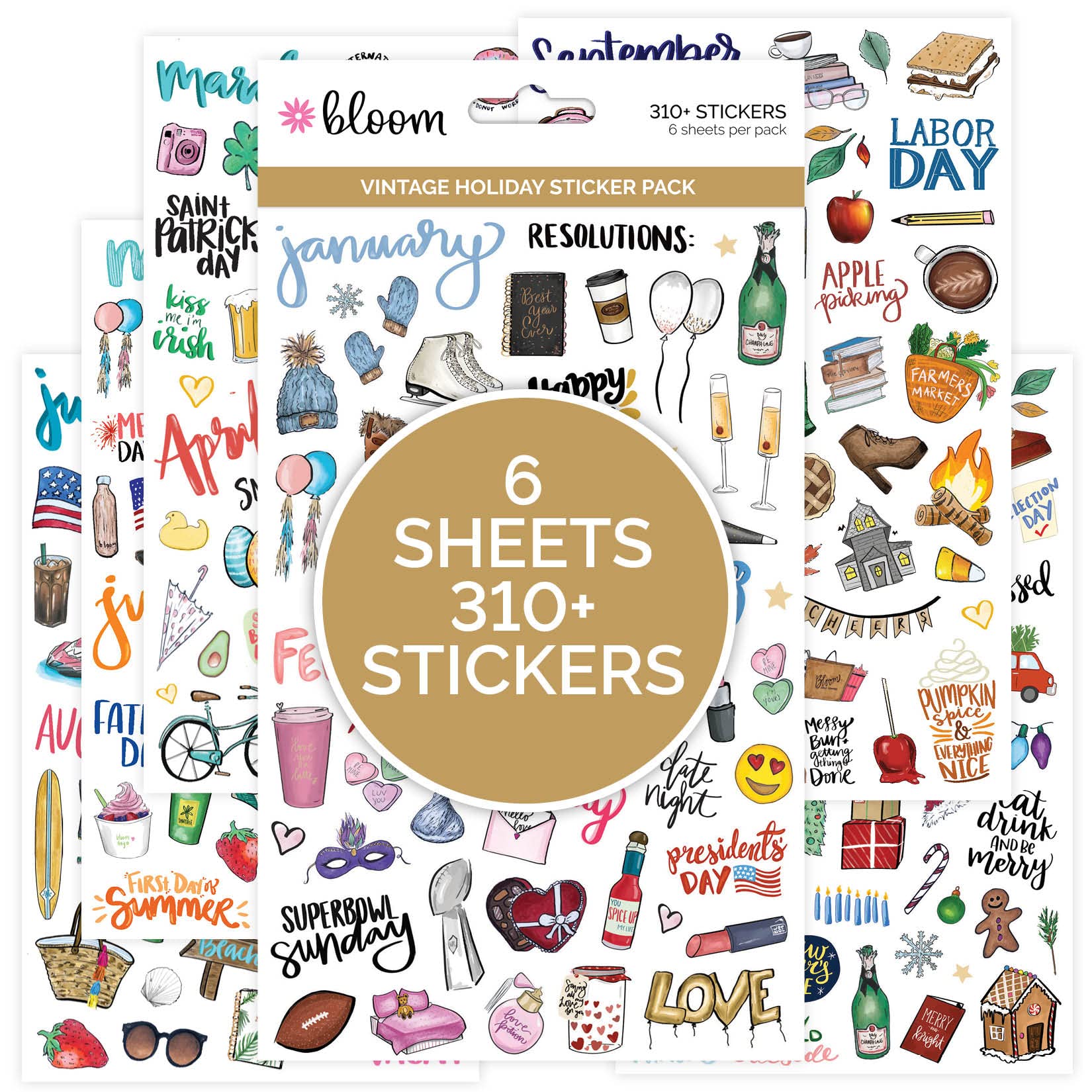 bloom daily planners Feiertags-Saison-Planer-Stickerbögen – Vintage-Saison-Sticker-Pack – über 310 Sticker pro Packung!