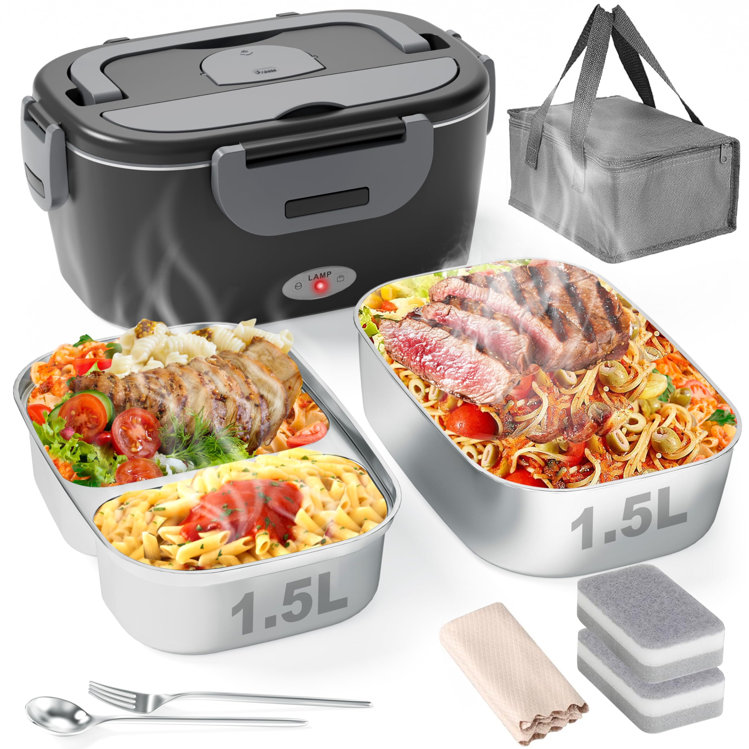 Geveniss elektrische Lunchbox für Herren, Damen und Erwachsene – 80 W schnelles Aufheizen – beheizte Lunchbox mit zwei 1,5-Liter-Edelstahlbehältern – tragbarer Speisenwärmer für Auto, LKW, Büro