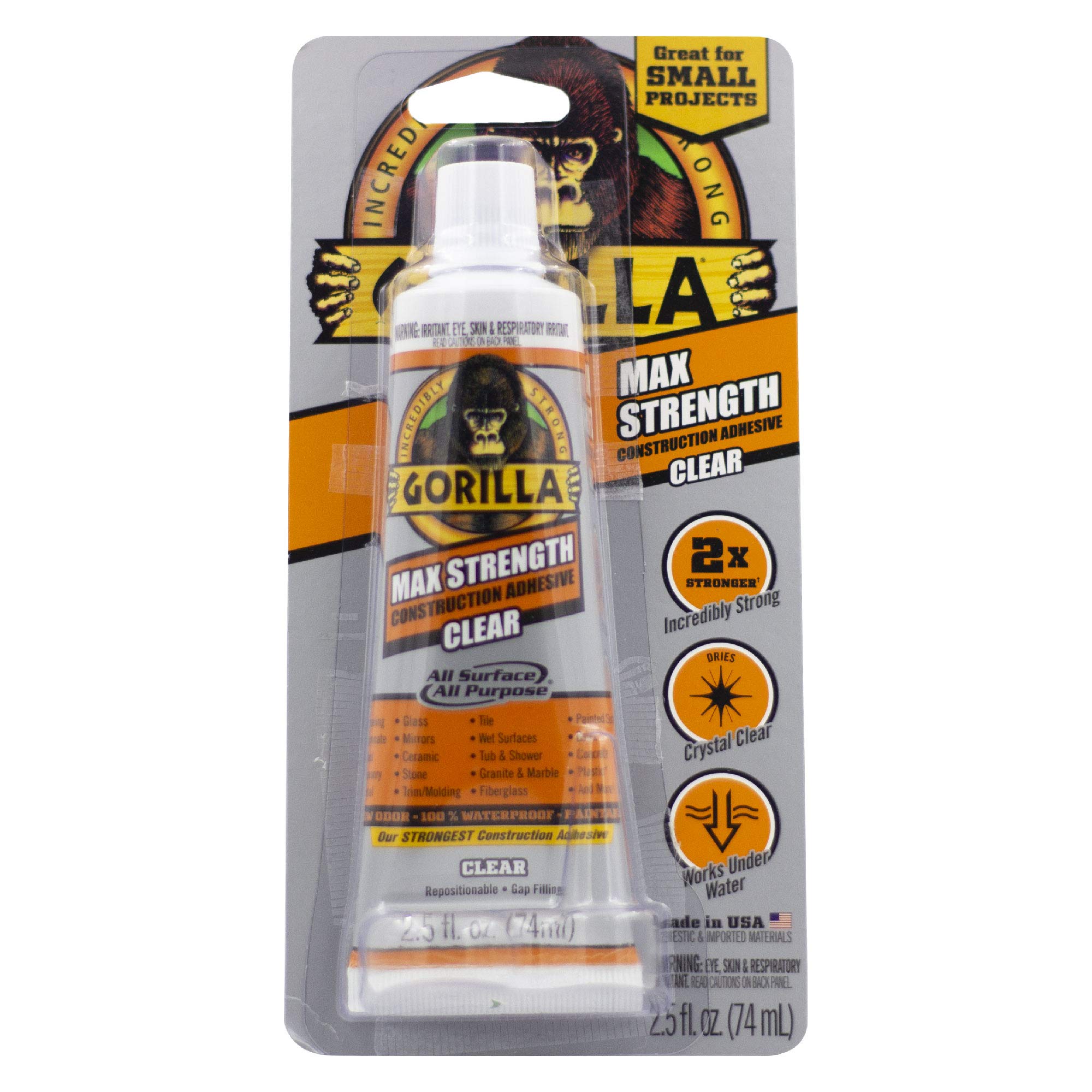Gorilla Max Strength Baukleber, transparenter Klebstoff, 70-g-Tube (1er-Pack) – Spaltfüllend und wasserdicht