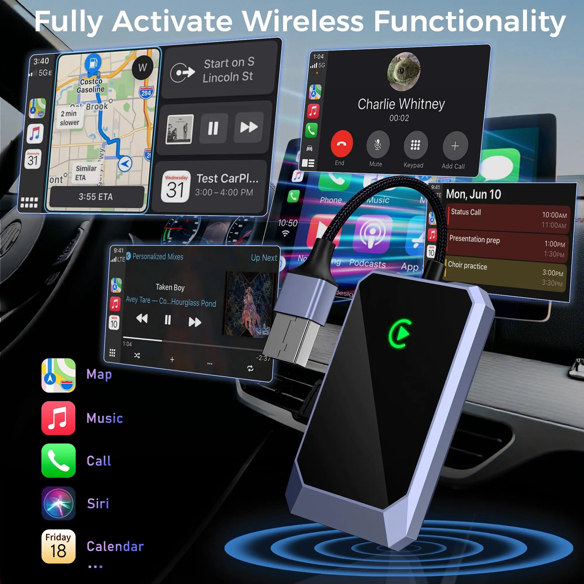 TERUNSOUl Wireless CarPlay Adapter for Apple iPhone, Convert Wired CarPlay to Wireless, Plug-and-Play, Stable Connection Compatible with OEM Wired CarPlay Vehicles & iOS 10+