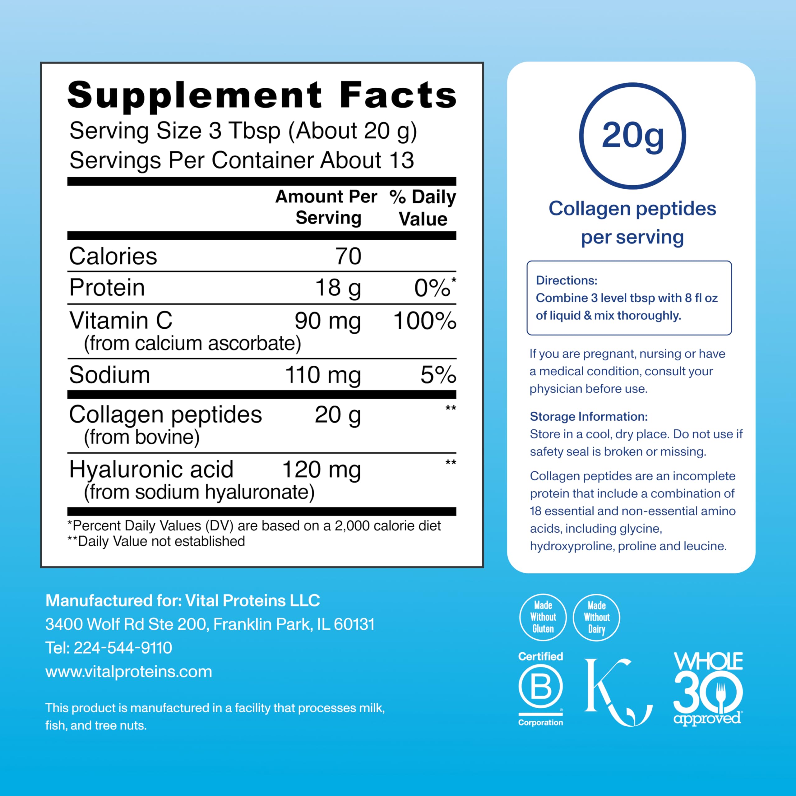 Vital Proteins Collagen Peptides Powder Advanced with Hyaluronic Acid & Vitamin C, Collagen Supplements, Unflavored, 13 Servings
