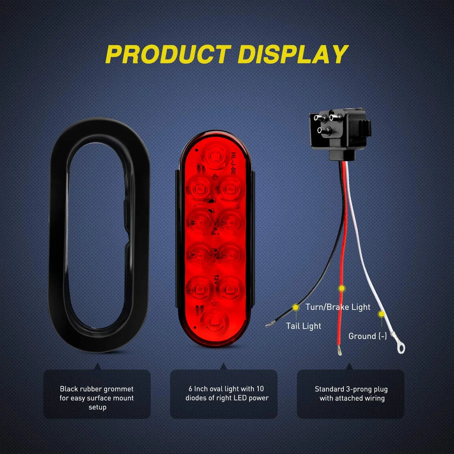 Nilight - TL-01 6" Oval Red LED Tail 2PCS w/Surface Mount Grommets Plugs IP65 Waterproof Stop Brake Turn Trailer Lights for RV Truck Jeep