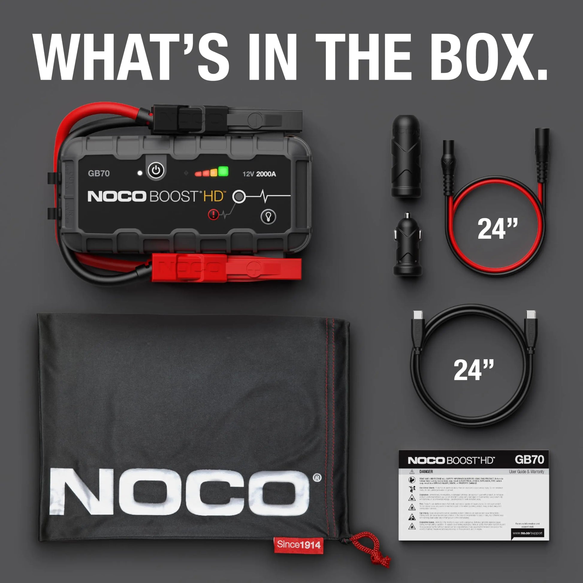 NOCO Boost GB70: 2000A UltraSafe Jump Starter – 12V Lithium Battery Booster Pack, Portable Jump Box, Power Bank & Jumper Cables - for 8.0L Gas and 6.0L Diesel Engines