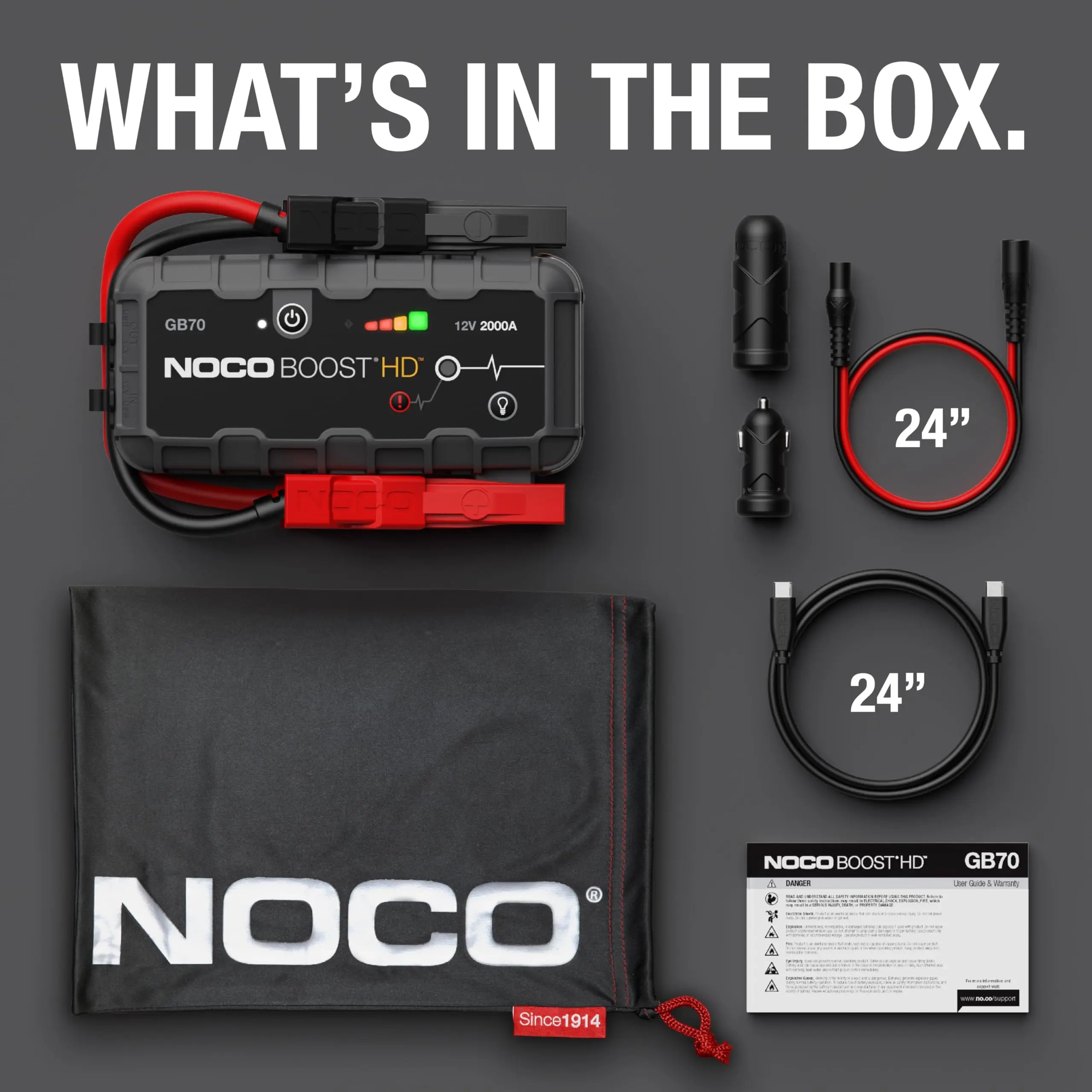 NOCO Boost GB70: 2000A UltraSafe Jump Starter – 12V Lithium Battery Booster Pack, Portable Jump Box, Power Bank & Jumper Cables - for 8.0L Gas and 6.0L Diesel Engines