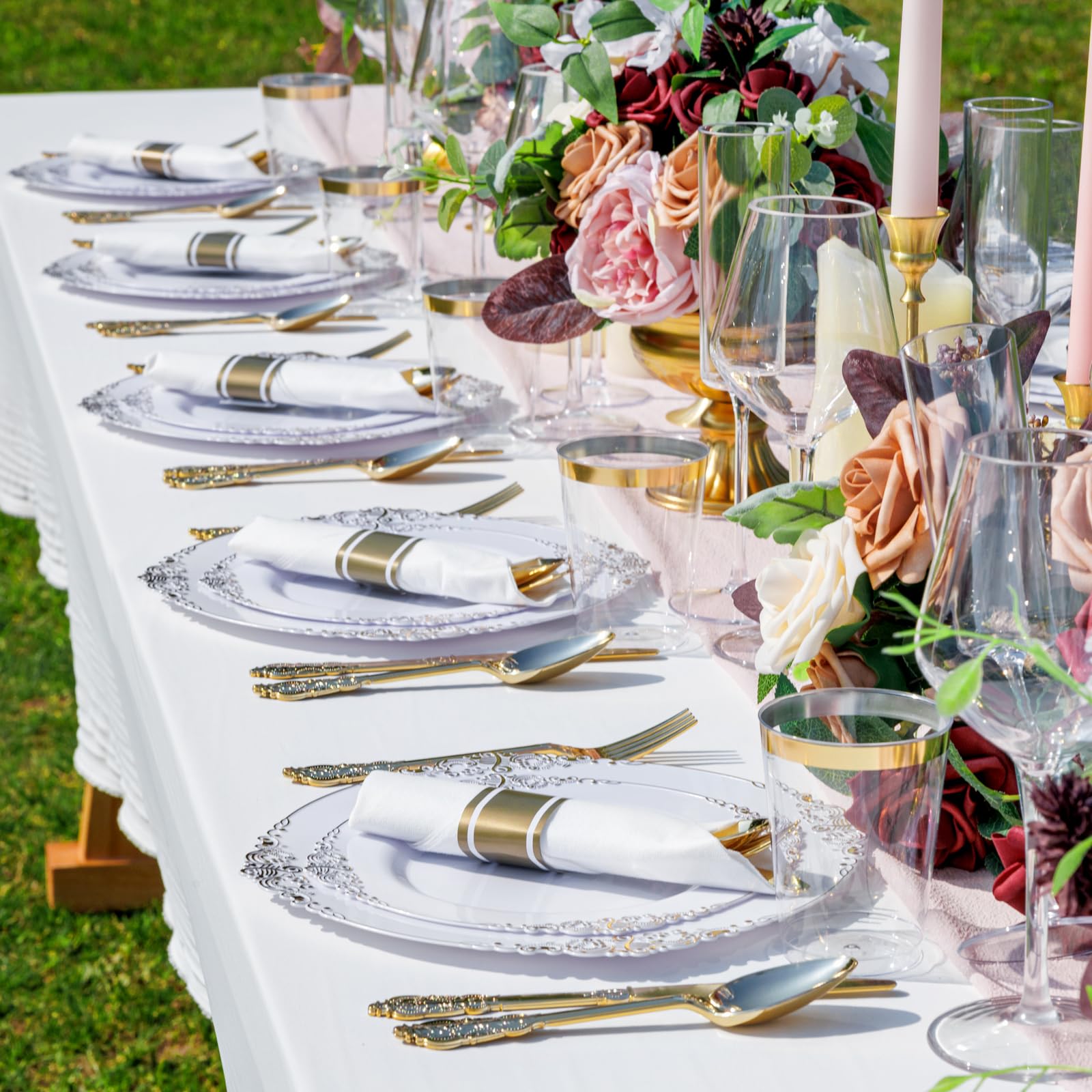 Nervure 350PCS Gold Plastic Plates - Gold Plastic Dinnerware Sets for 50 Guests - 100 Disposable Plates, 150 Silverware, 50 Cups, 50 Napkins for Wedding & Party & Thanksgiving