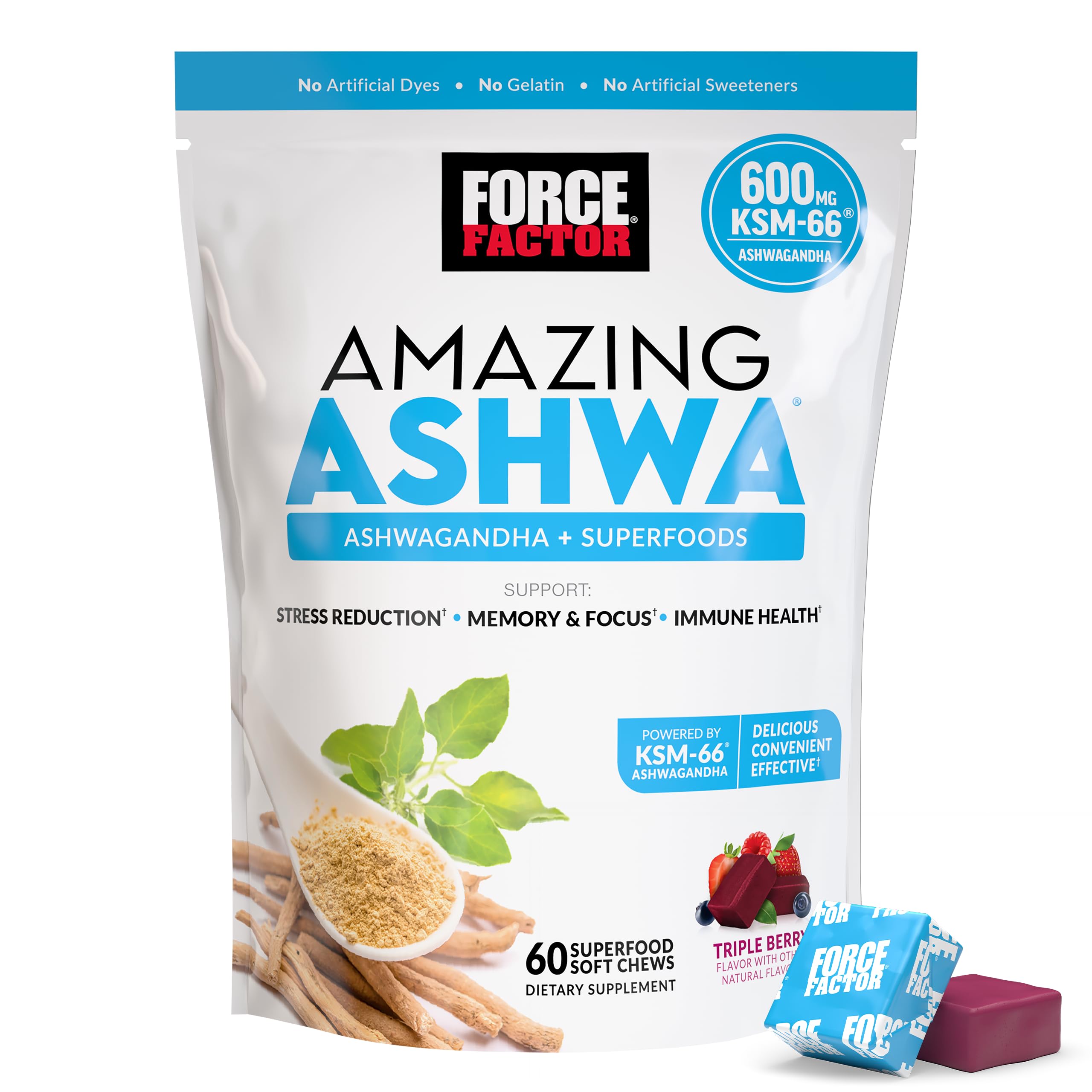 Force Factor Amazing Ashwa für Stressabbau, Gedächtnis, Konzentration und Unterstützung des Immunsystems, Ashwagandha-Nahrungsergänzungsmittel mit KSM-66 Ashwagandha gegen Stress, 60 weiche Kaubonbons