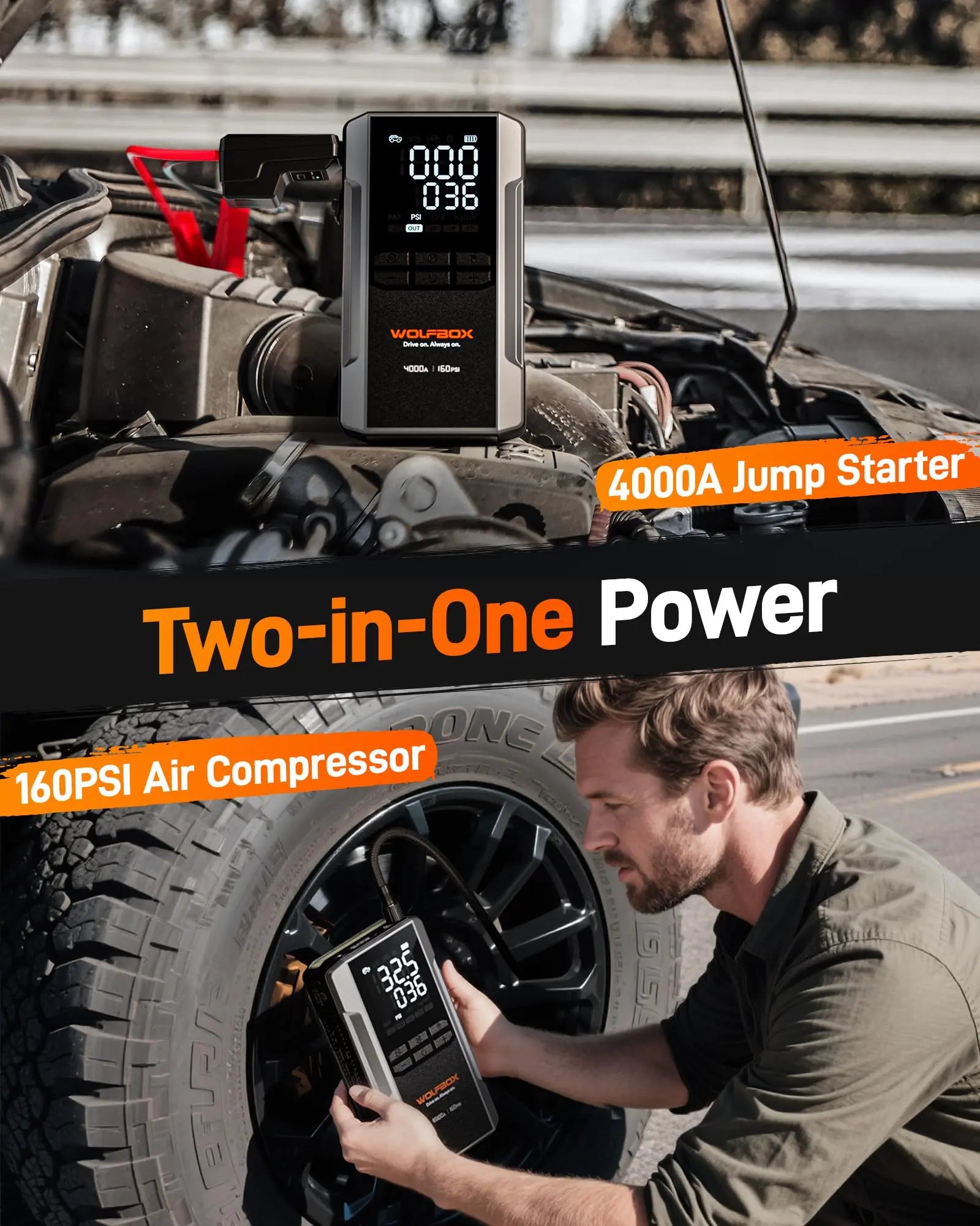 WOLFBOX 4000A Jump Starter with 160PSI Air Compressor, 12V Car Battery Booster, 65W Fast Charge, 24000mAh Portable Tire Inflator, LED Display for 10L Gas & 10L Diesel Engines, LED Light, Jumper Cables