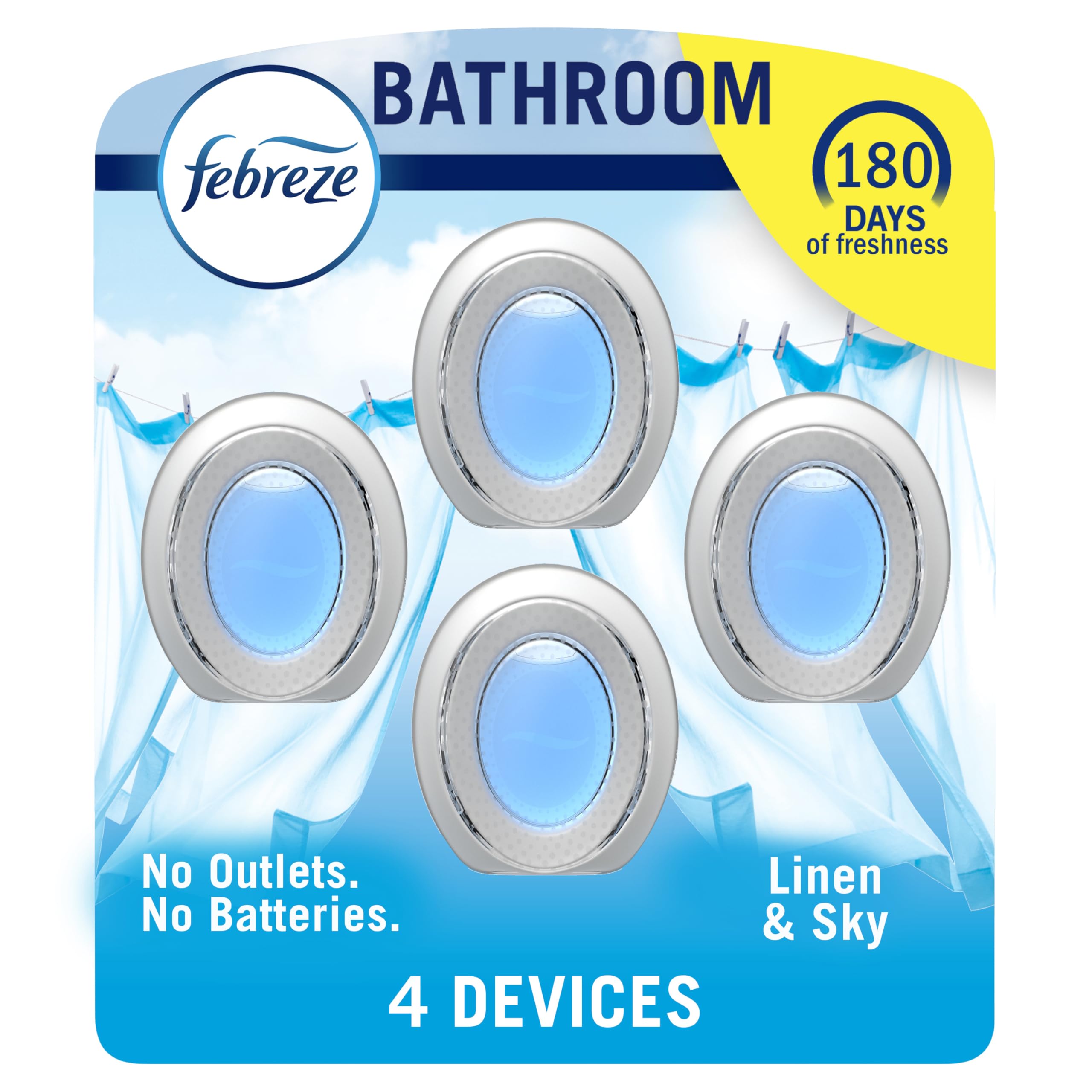 Febreze Bad Lufterfrischer, Geruchsentferner, Alternative zum Stecker, Lufterfrischer für Zuhause und Bad und Küche, Schrank-Lufterfrischer, Linen & Sky Duft, 4 Stück