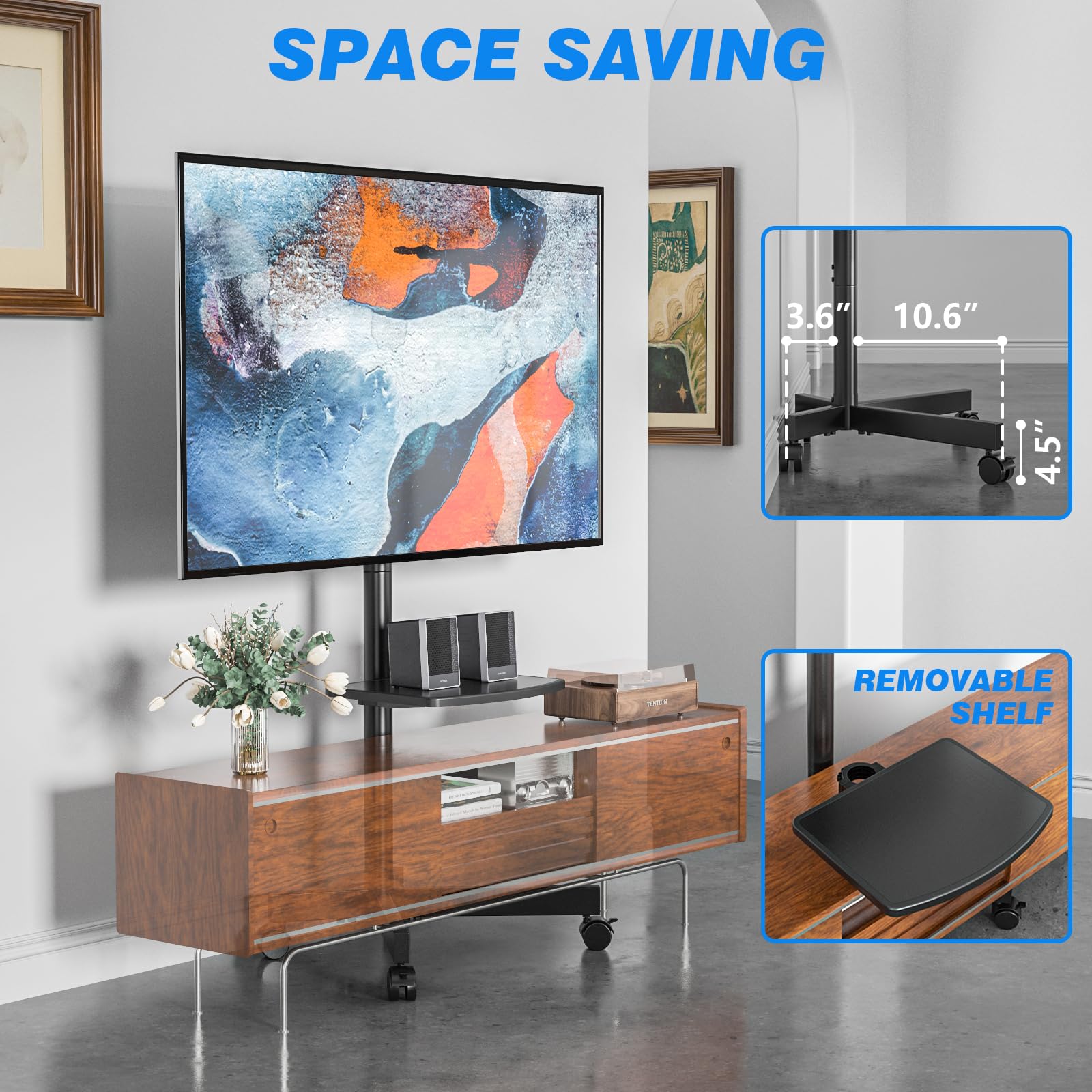 Rfiver Mobile TV Stand for 23-60 Inch LCD LED Flat/Curved Panel Screen TVs up to 88 lbs, Rolling TV Stand with Adjustable Shelf & Tilt, Portable Floor Stand on Wheels for Bedroom, Living Room, Office