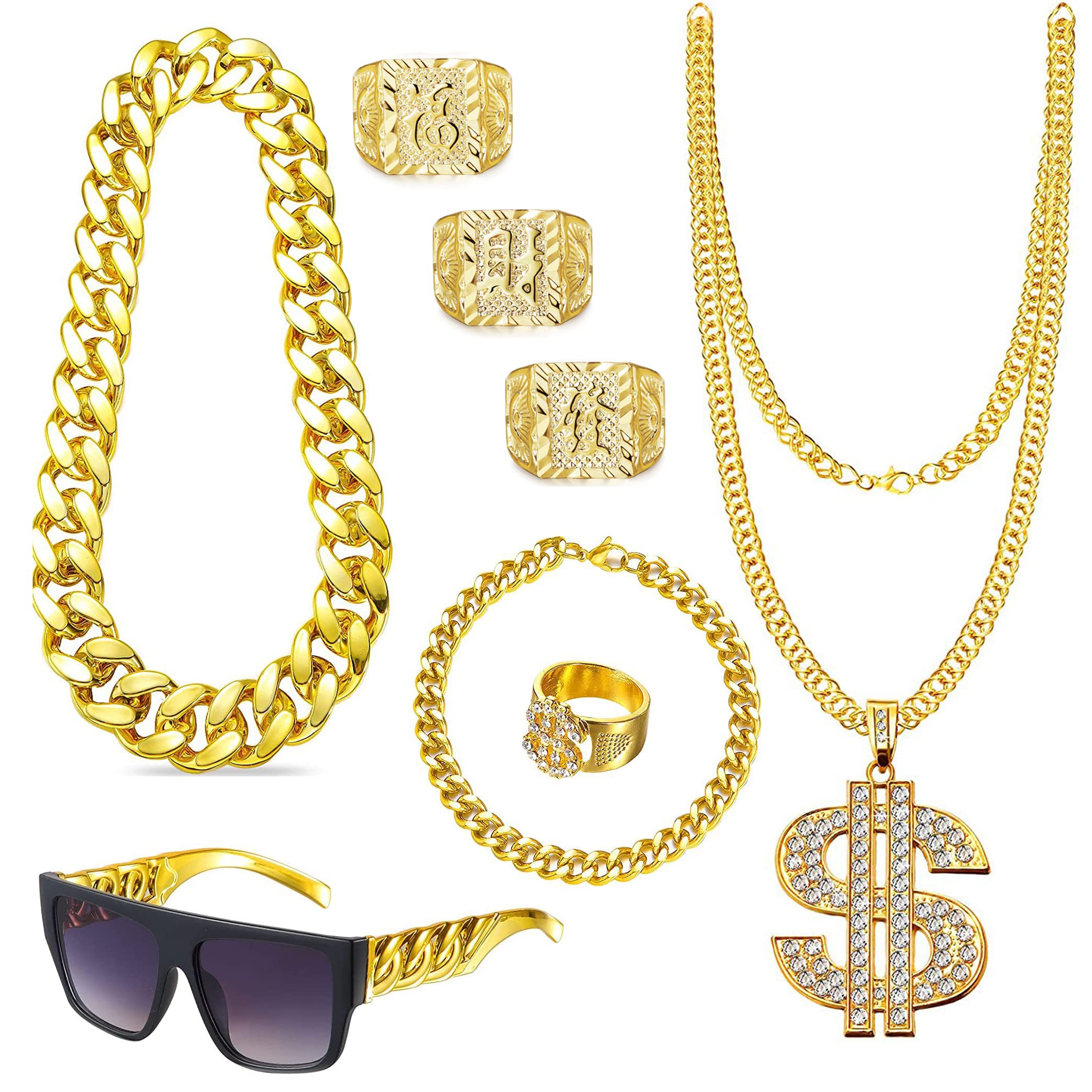 EIELO 80er 90er Accessoires Outfit für Herren Hip Hop Kostüm Kit Old School Rapper Sonnenbrille Kunstgold Seilkette Armband Dollarzeichen Kette Ring Kanji Ring Halloween Party Dekorationen