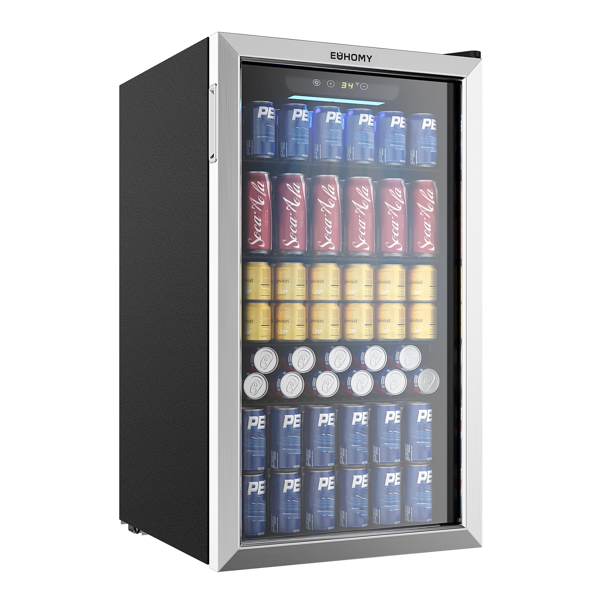 EUHOMY Getränkekühlschrank, 130 Dosen Mini-Kühlschrank mit Glastür für Limo, Bier oder Wein, Getränkekühler für Zuhause, Büro, Bar mit verstellbaren, herausnehmbaren Einlegeböden, Silber