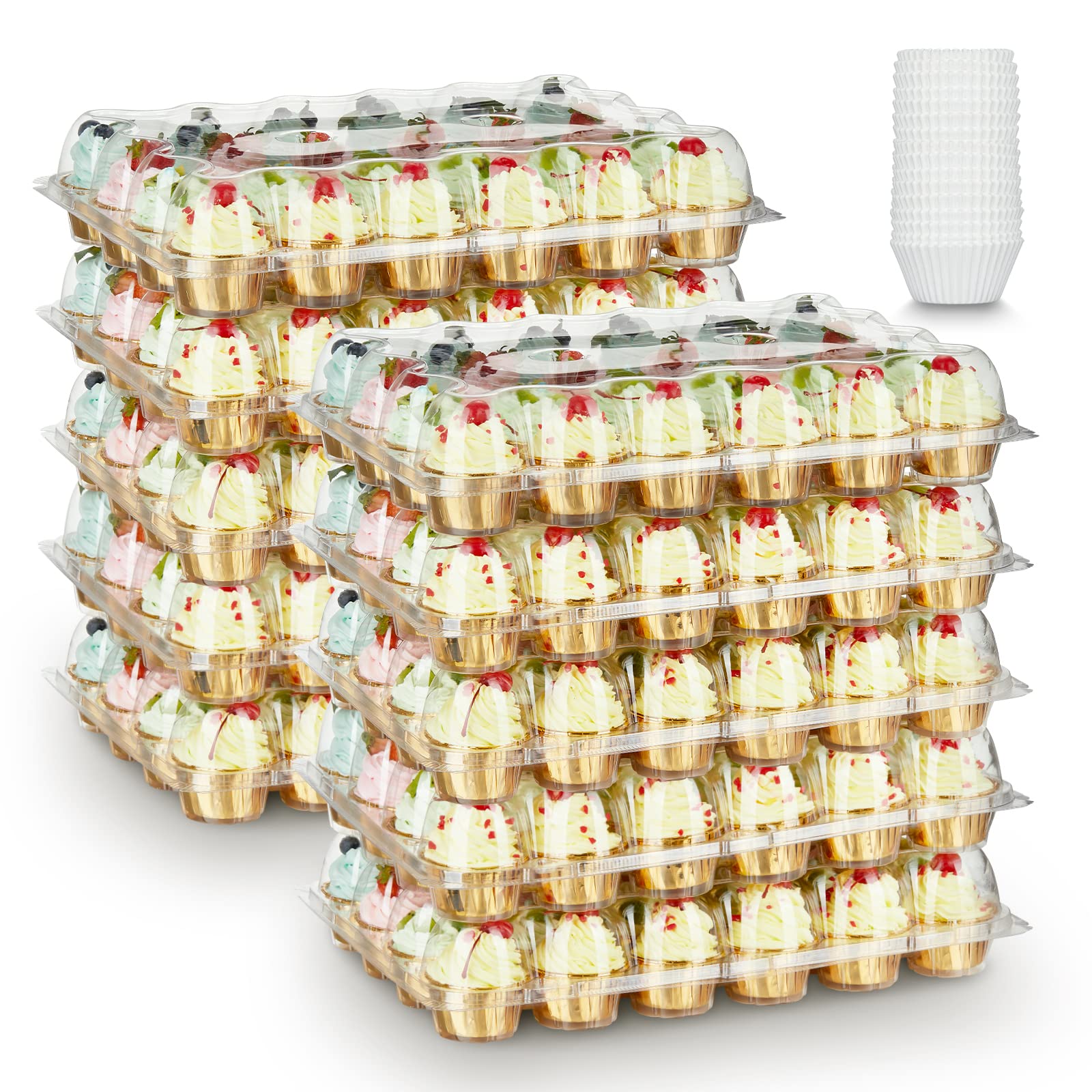 Gencywe (24er-Pack x 10 Sets) Stapelbare Cupcake-Träger mit 240 Cupcake-Förmchen, Cupcake-Boxen aus Kunststoff für 24 Cupcakes, hohe Cupcake-Behälter mit Kuppeldeckel, durchsichtige Cupcake-Tabletts