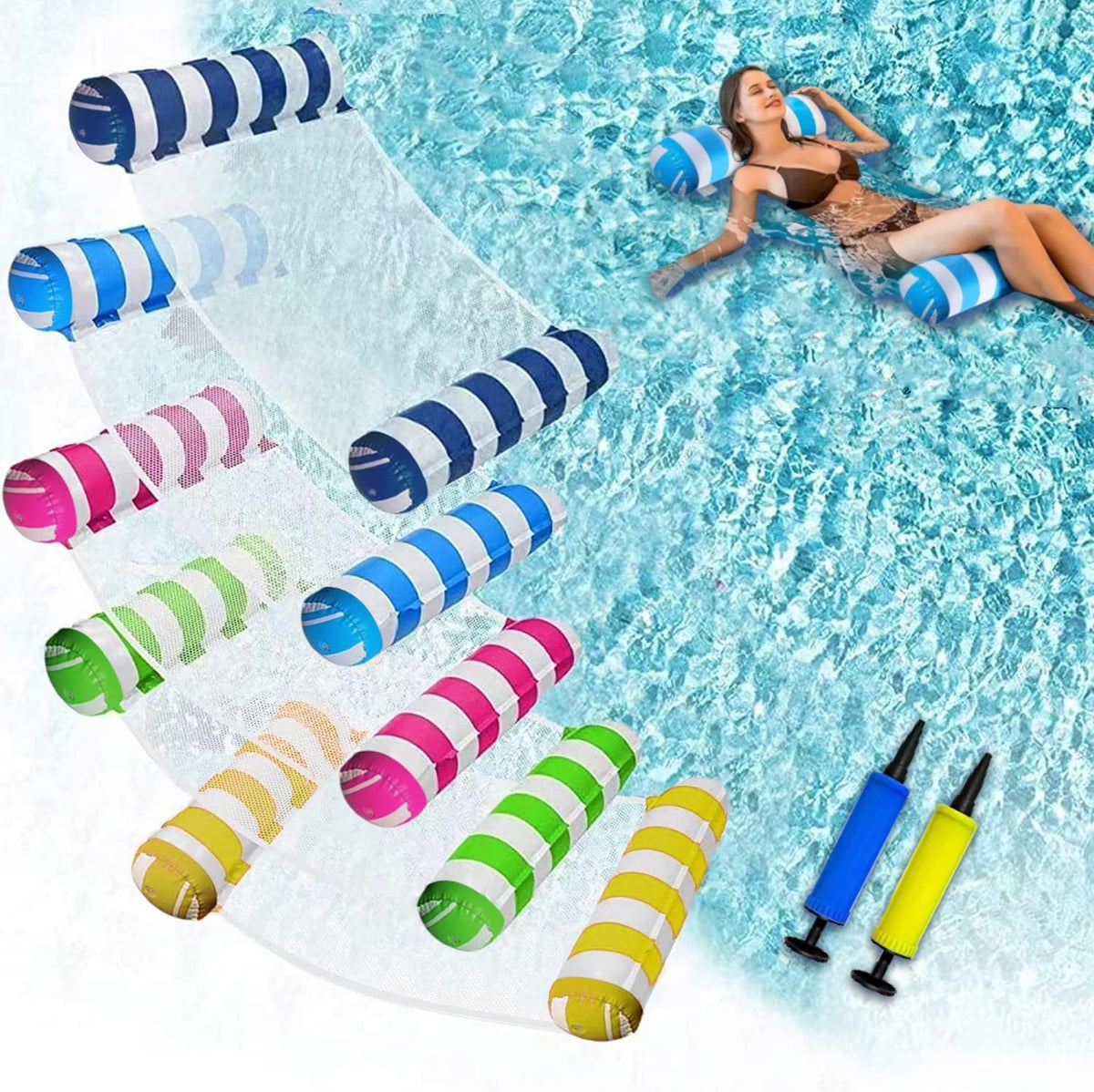 JUXIAO 5er-Pack verbesserte XL Wasser-Pool-Schwimmhilfen, 4-in-1 (Hängematte, Sattel, Liegestuhl, Drifter) vielseitige Wasser-Pool-Schwimmhilfe, antihaftbeschichtetes PVC-Material