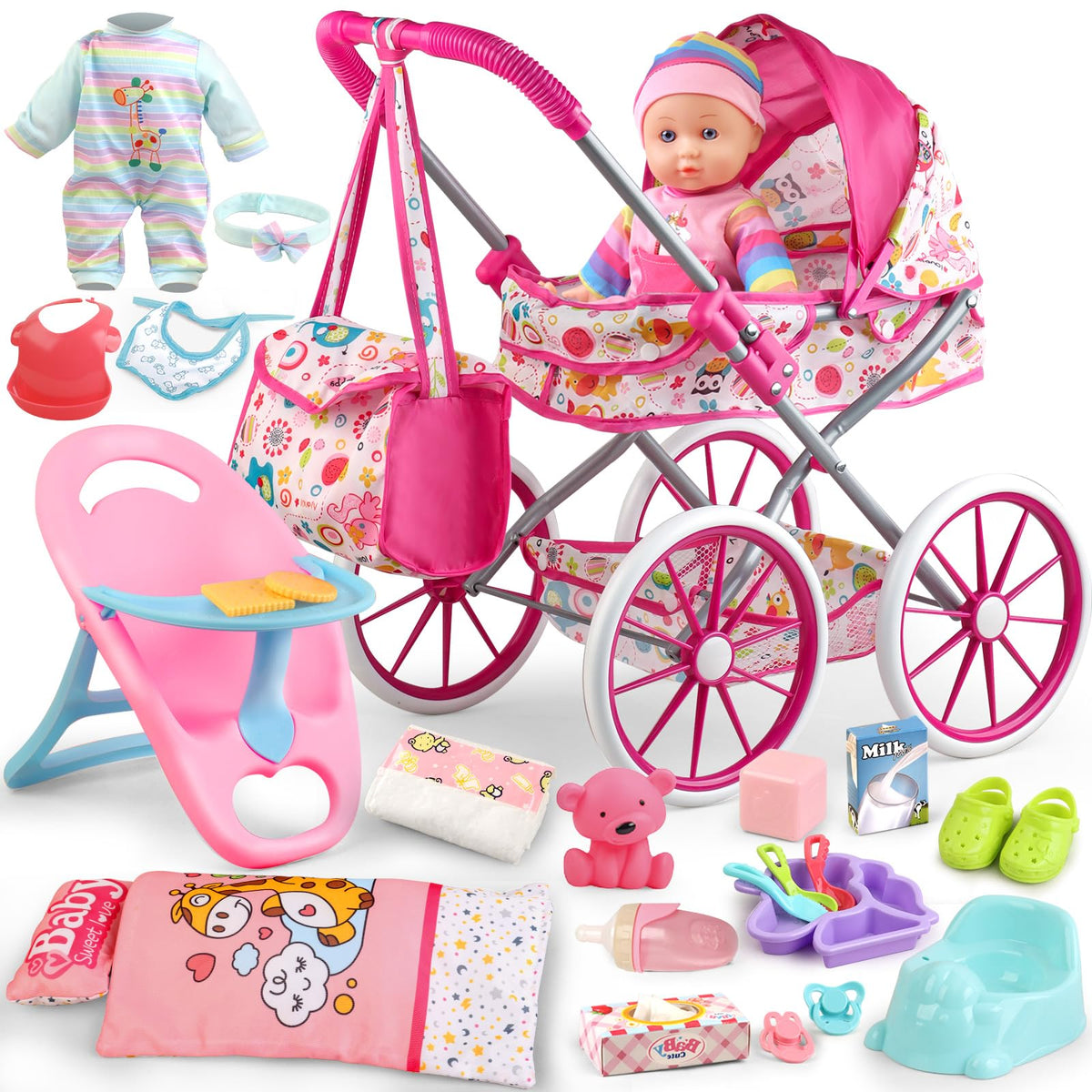 Baby Doll Kinderwagen Spielzeug Set mit 32 cm Babypuppe, Essstuhl, Steppkissen, 24-teiligem Puppenzubehör und 2 Sets Puppenkleidung, Baby Kinderwagen Spielzeug für Mädchen, Kleinkinder 3-5 4-6 5-7 Jahre, Geschenke für Rollenspiele