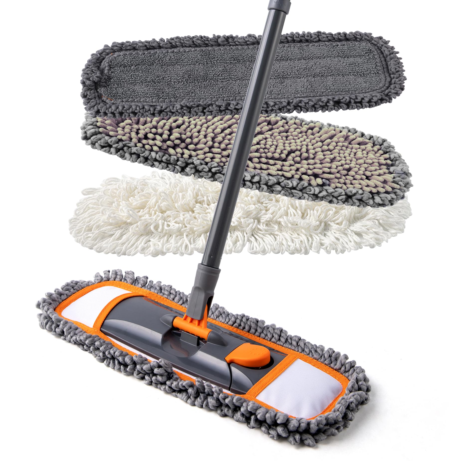 CLEANHOME Mops for Floor Cleaning with 3 Different Washable Pads and Extendable 55" Long Handle, Multifunction Dust Mop for Hardwood,Marble,Tile Floor Mopping,Orange
