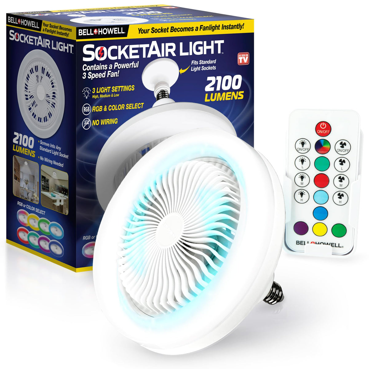 Bell+Howell SocketAir Wireless Ceiling Fan Light with Remote Control, Extender,110-120 Volt, 2100 Lumens, 3 Fan Speeds, 3 Light Settings, 6500K for Living, Dining, Working Space ASON TV