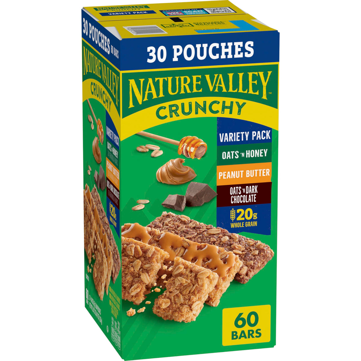Nature Valley Knusprige Müsliriegel Große Vielfaltspackung, Oats 'n Honey, Peanut Butter & Oats 'n Dark Chocolate, 30 Beutel mit je zwei Riegeln (insgesamt 60 Riegel), Vollkorn, keine künstlichen Aromen, 1267 g