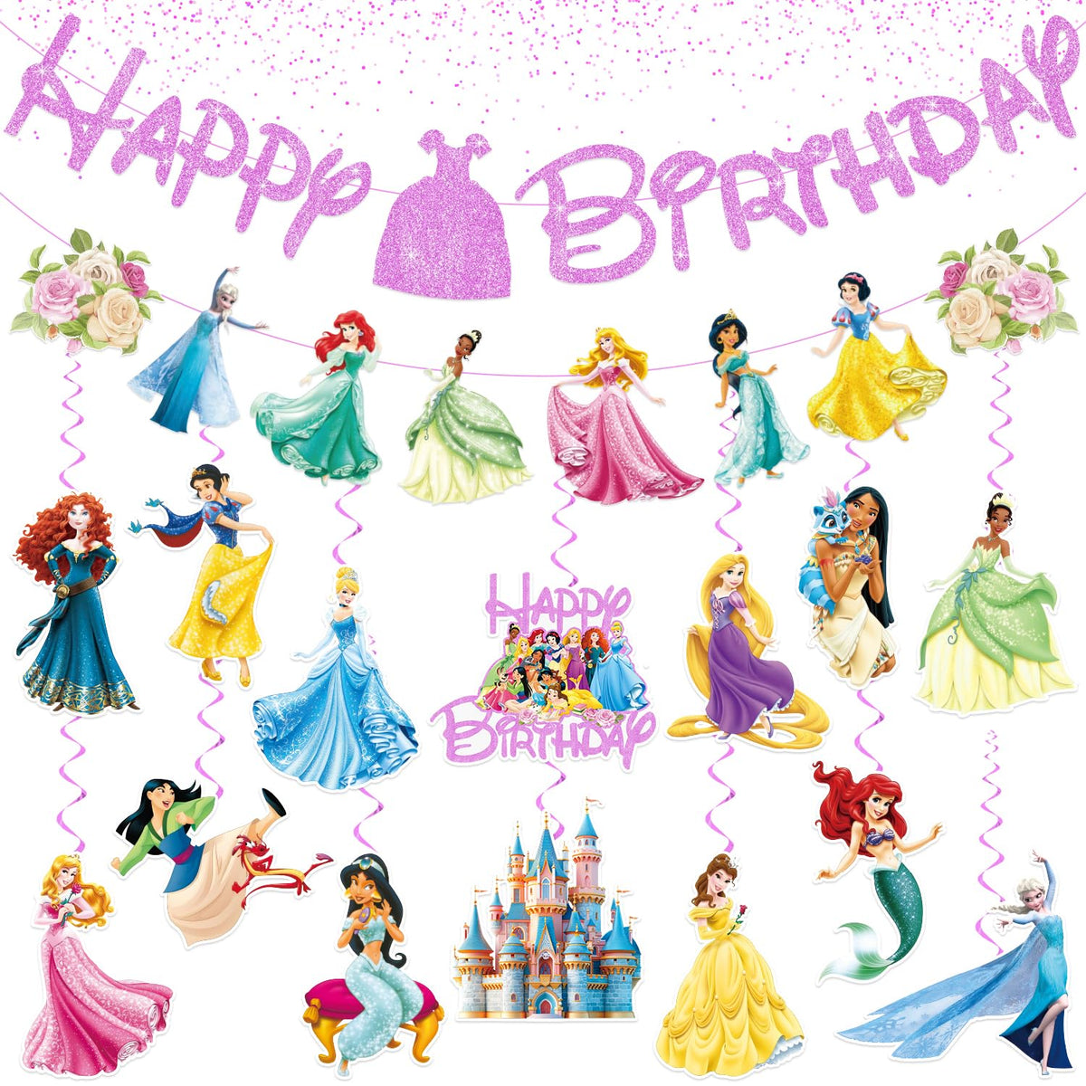 Prinzessinnen-Geburtstags-Partydekorationen enthalten 1 Glitzer-Happy-Birthday-Banner, 1 Prinzessinnen-Banner und 14 niedliche Hängespiralen für Mädchen, vormontierte Partydekorationen