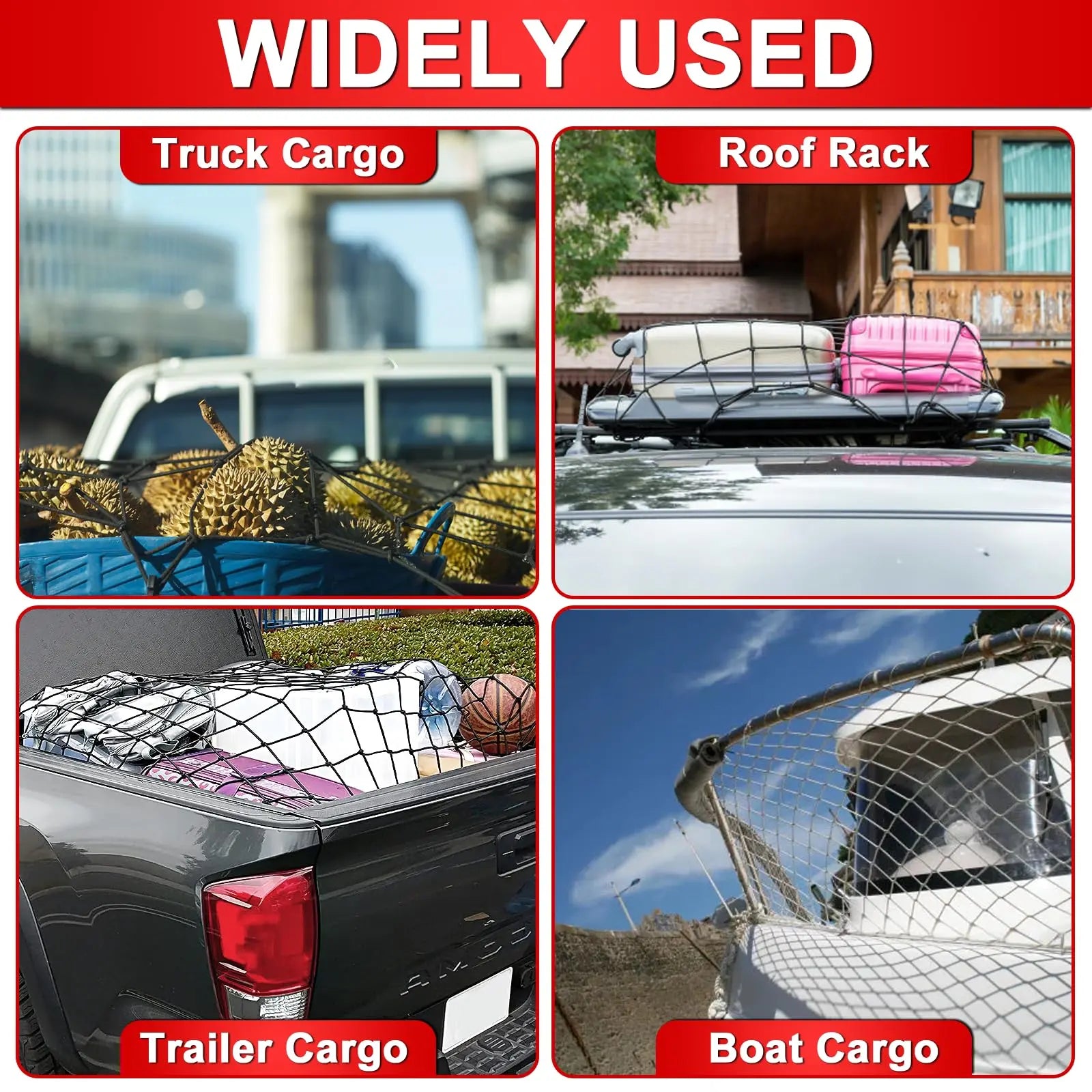 4’x6’ Truck Cargo Net Expands to 8' x 12' with 4"x4" Mesh Grid Super Duty Bungee Heavy Duty Bed Netting for Truck Bed Stretches with 12 Adjustable Metal Carabiners by Cenipar