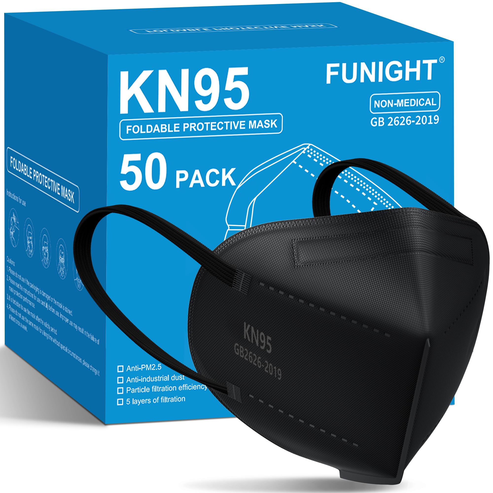 Funight KN95 Gesichtsmasken, 50 Stück, 5-lagig, atmungsaktiv, mit Filter, Einweg-Gesichtsmasken, Schwarz