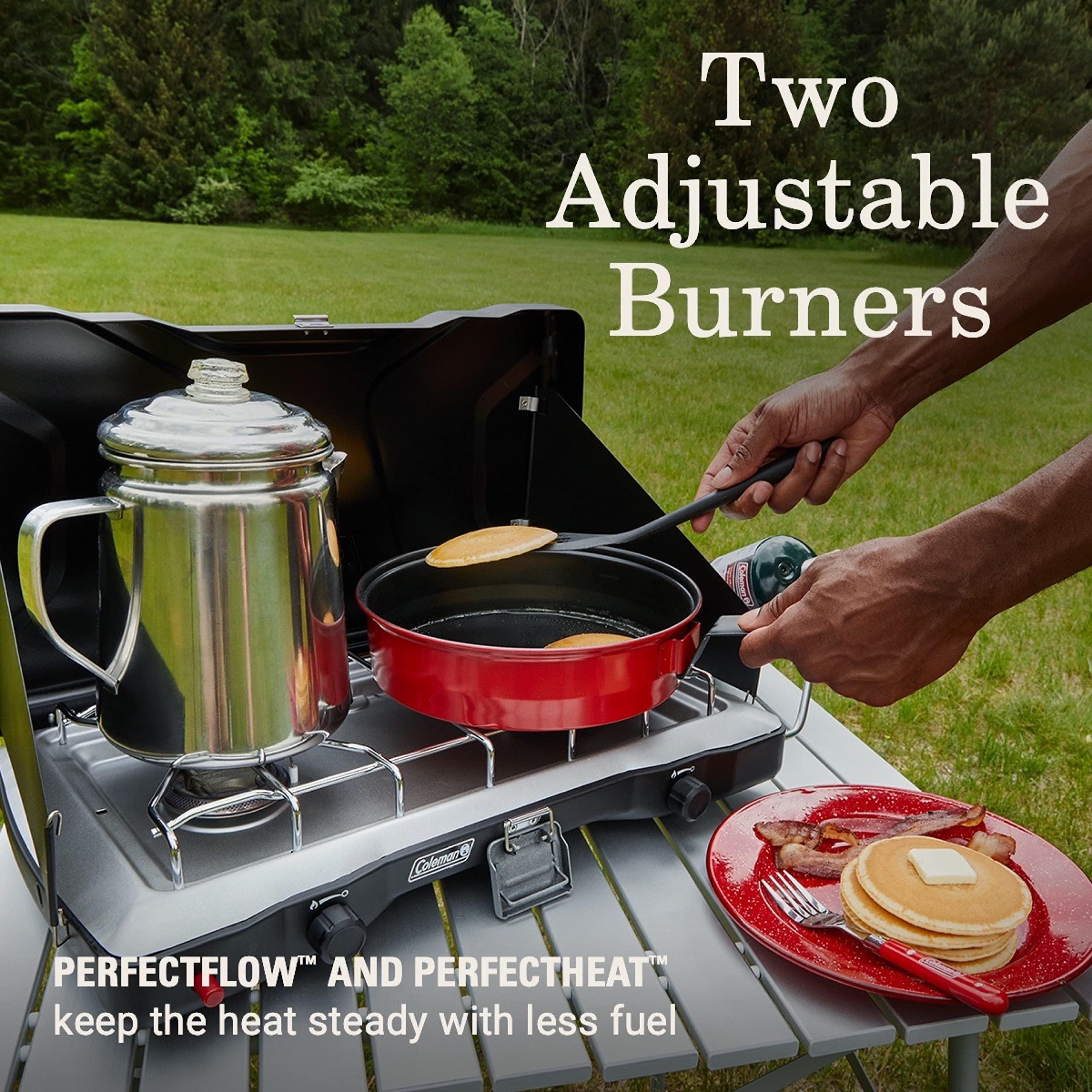 Coleman Triton+ 2-Burner Propane Camping Stove with InstaStart Ignition, Portable Camping Cooktop with 2 Adjustable Burners & Wind Guards, 22,000 BTUs of Power for Camping, Tailgating, Grilling