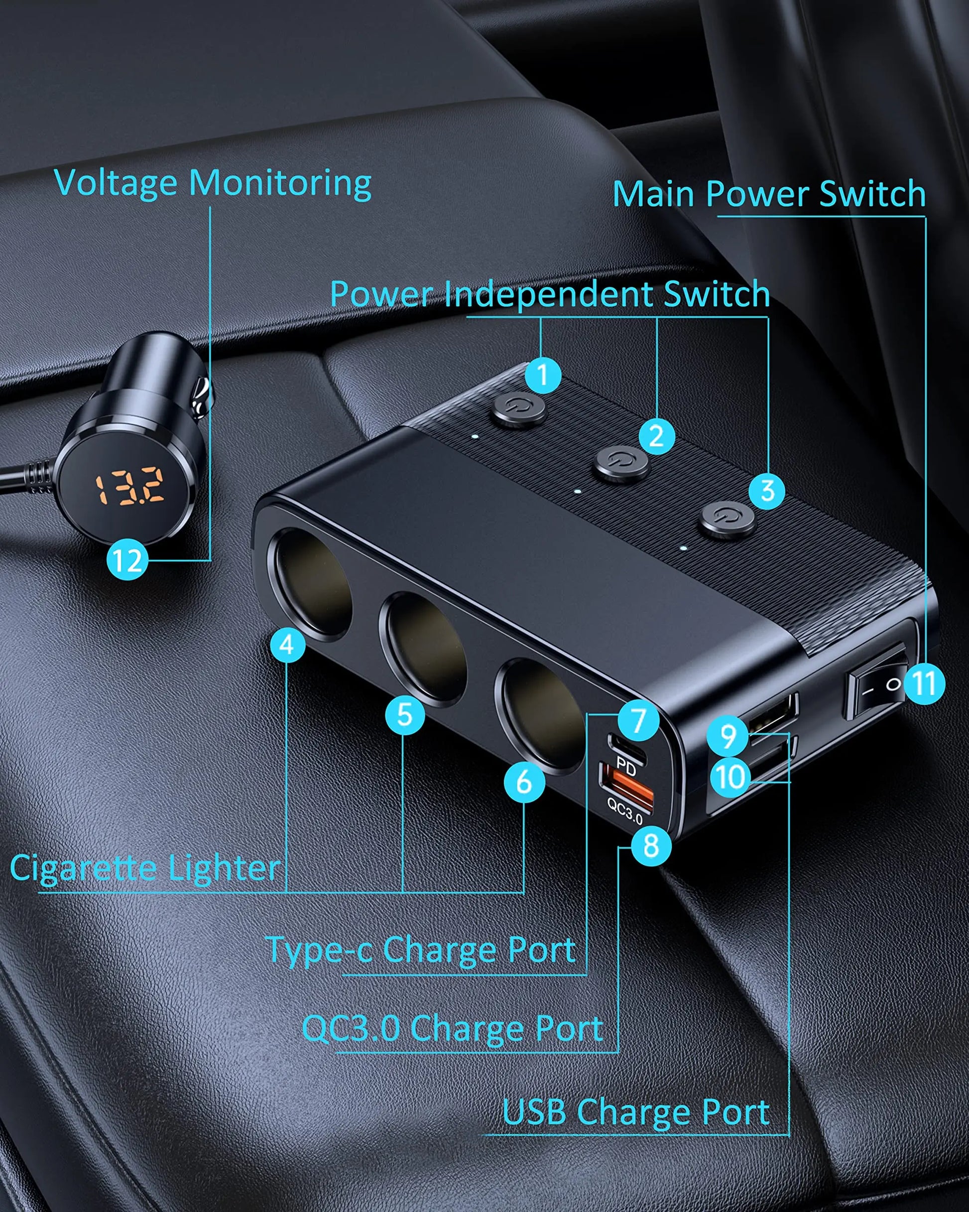 7 in 1 Cigarette Lighter Splitter, LIHAN 3 Socket Car Charger Adapter, Type-C QC3.0 PD 30W Charging, Dual USB Charging Ports, Independent Switches, LED Voltmeter, Plug Outlet 12V/24V(3.3ft Cable)