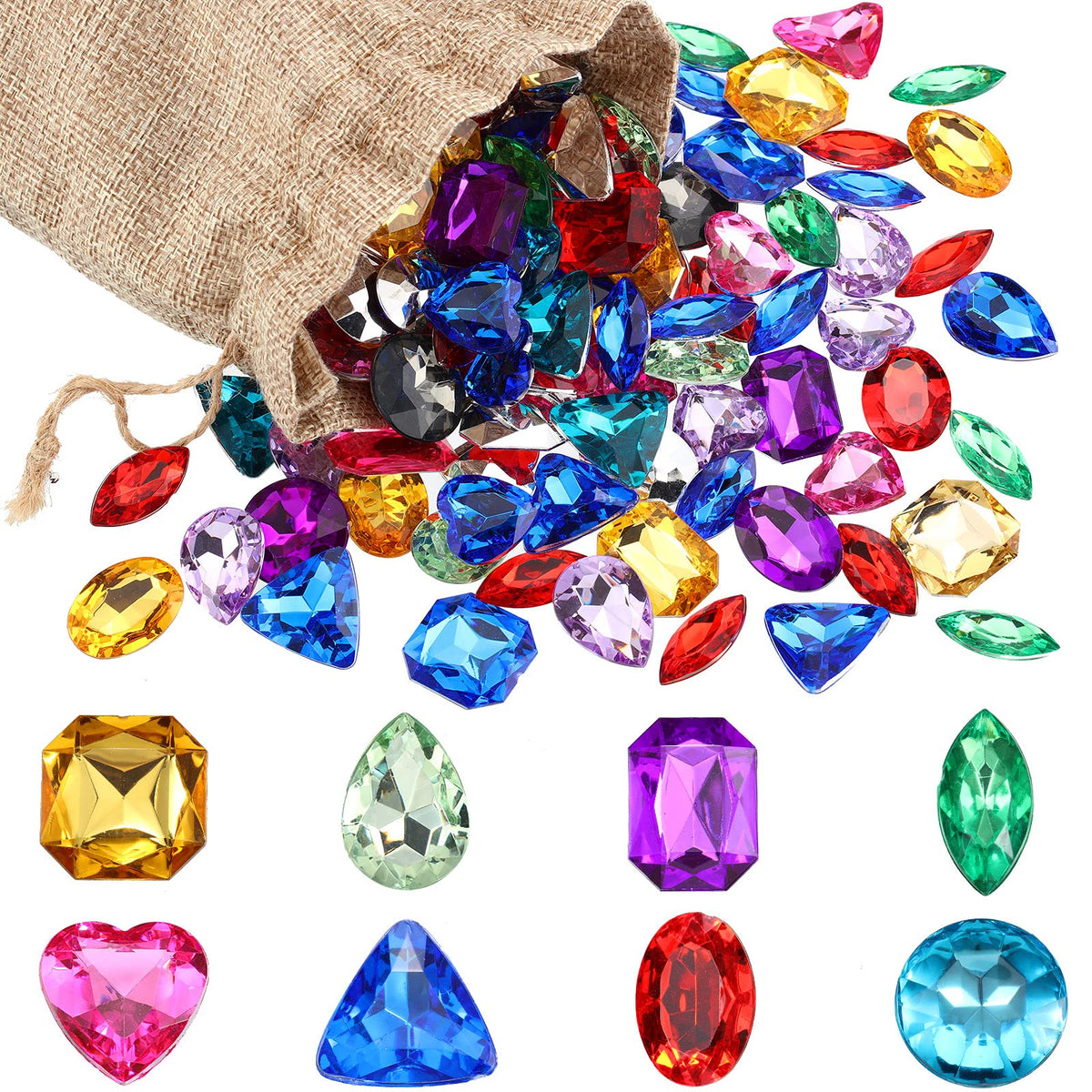 Hicarer 100 Stück Spielzeug-Edelsteine, Piratenschatz-Juwelen, gefälschte Acryl-Edelsteine, mehrfarbige Bling-Diamanten, Kunststoff-Edelsteine mit Kordelzugbeutel für Partytischdekorationen, Piratenparty-Geschenke
