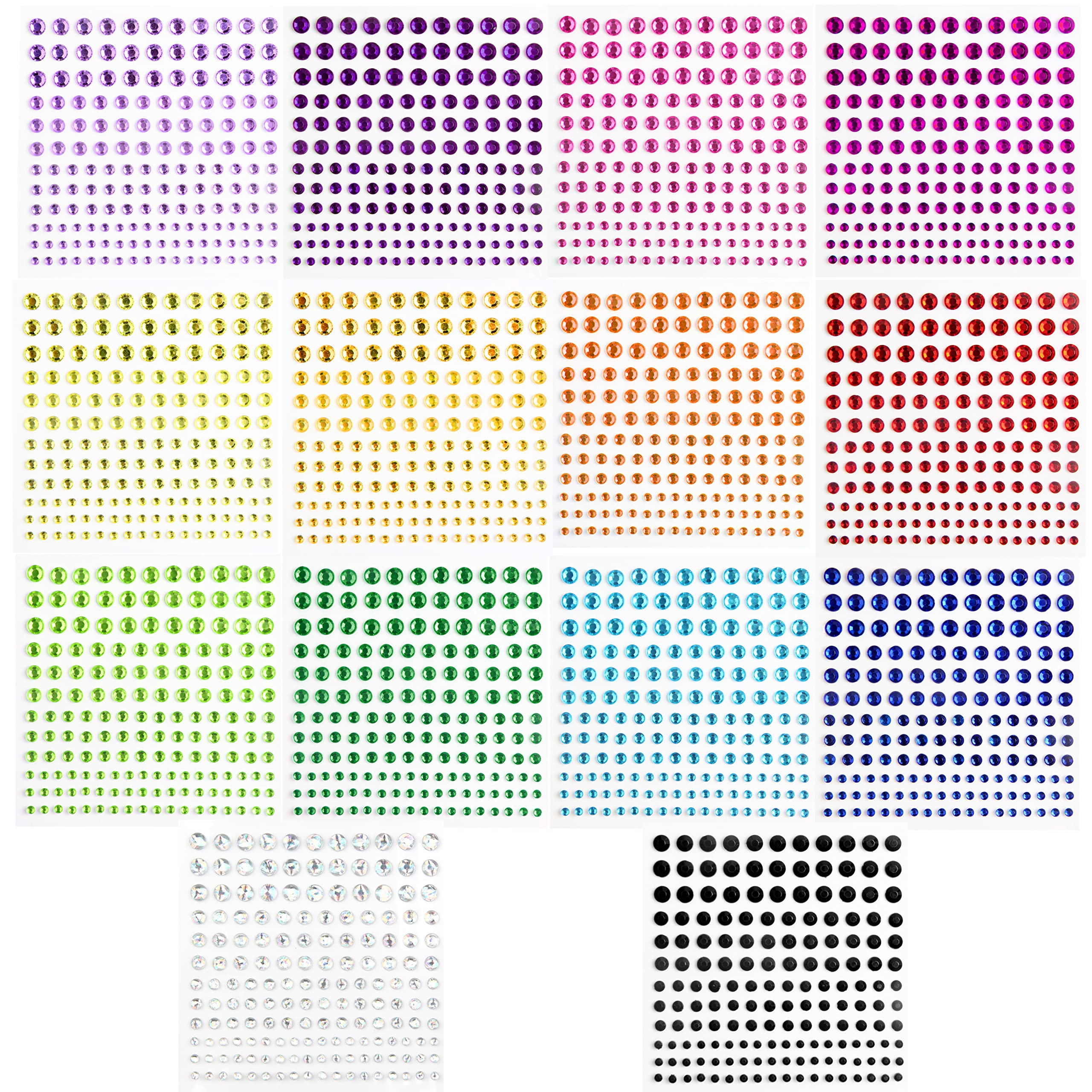 2310 Stück selbstklebende Strass-Edelsteinaufkleber für Gesichts-, Nagel- und Körper-Make-up, Festival, 4 Größen, 14 Bögen, Bling-Schmuckaufkleber Ohrringe für DIY Kinder Bastelkartendekorationen