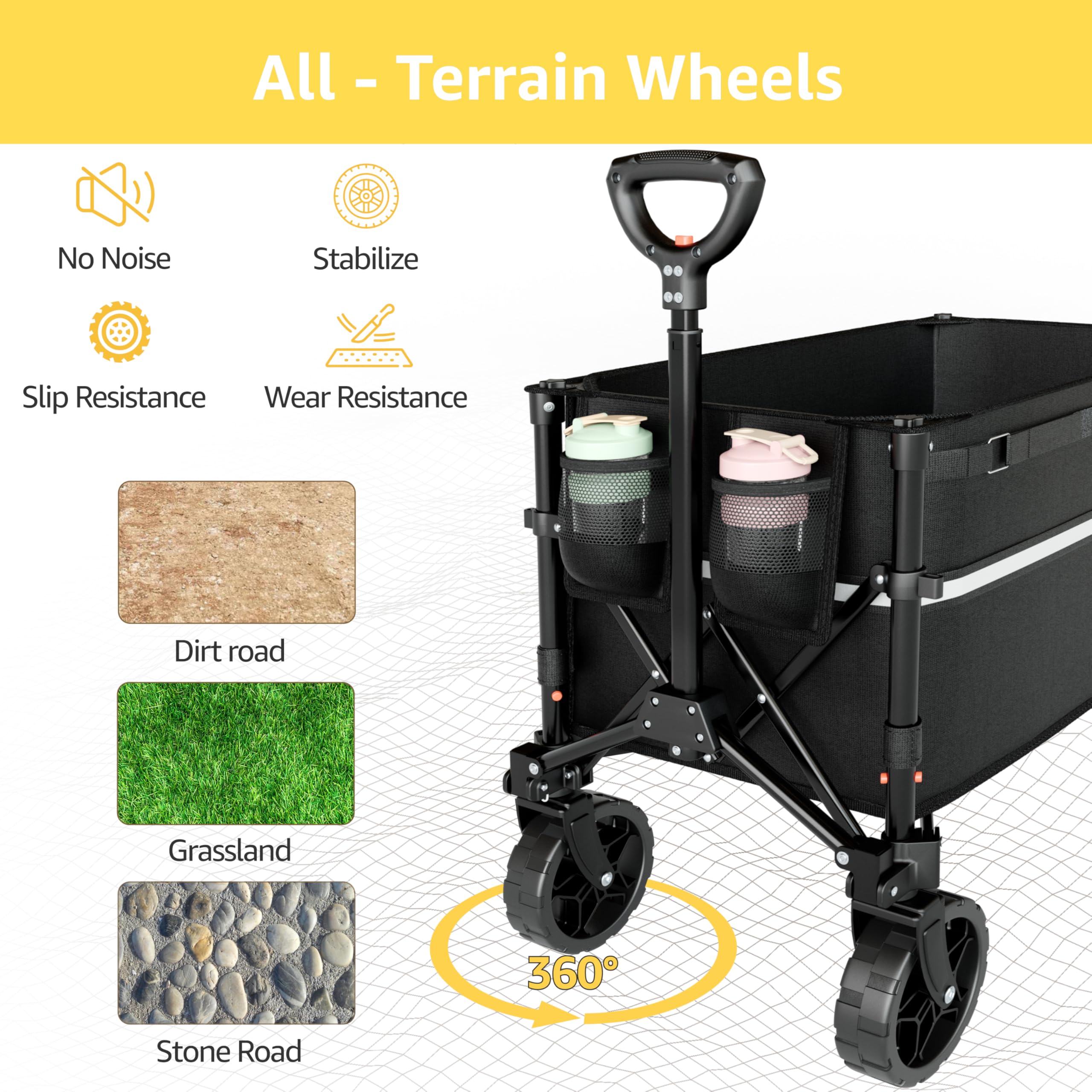 ROSONG Collapsible Wagon Cart with Wheels Foldable - Folding Utility Heavy Duty Wagons Carts for Grocery Sports Garden Shopping Camping Wheelbarrows (Black, 120L)