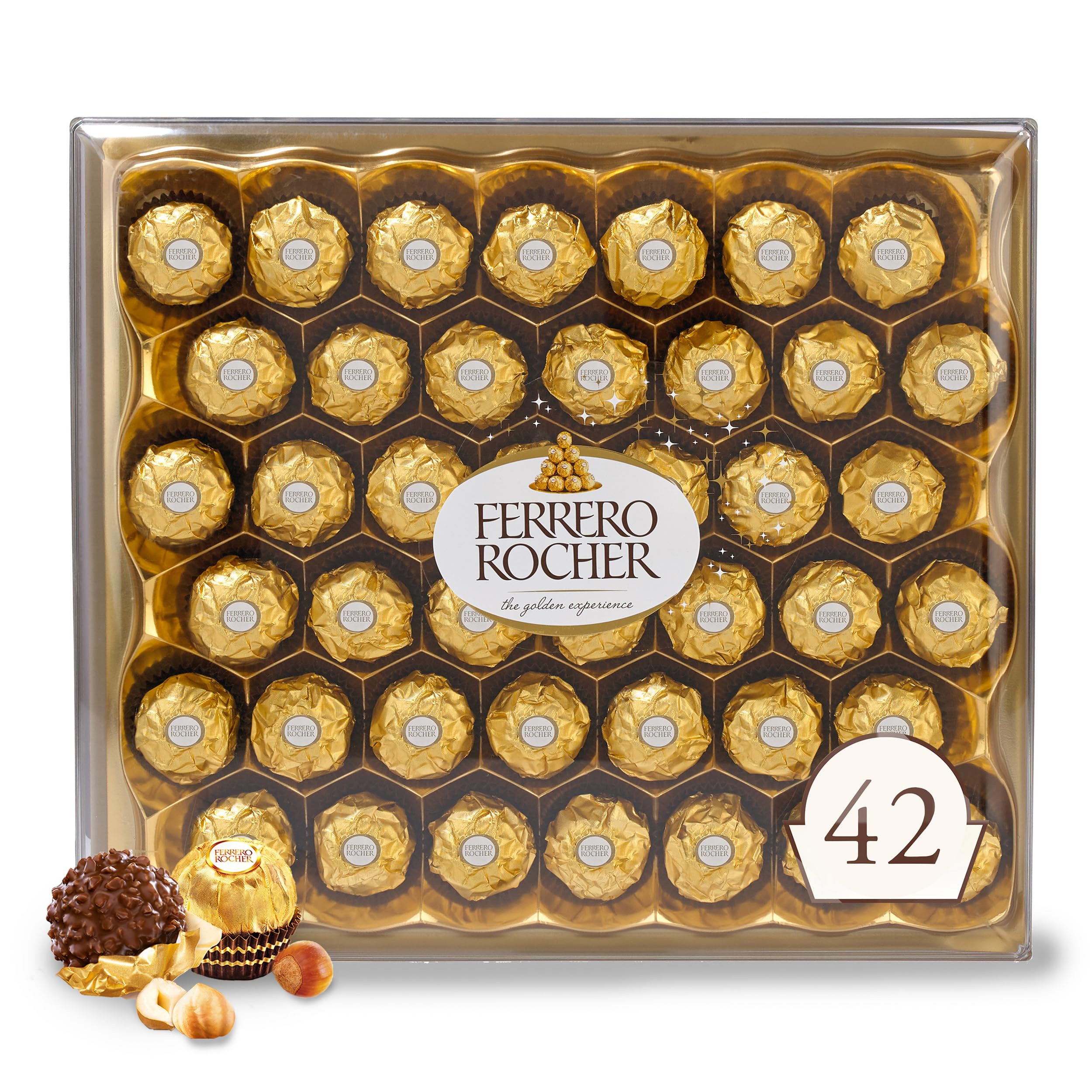 Ferrero Rocher, 42 Stück, Premium Vollmilchschokolade mit Haselnuss, Pralinen zum Verschenken, 524 g