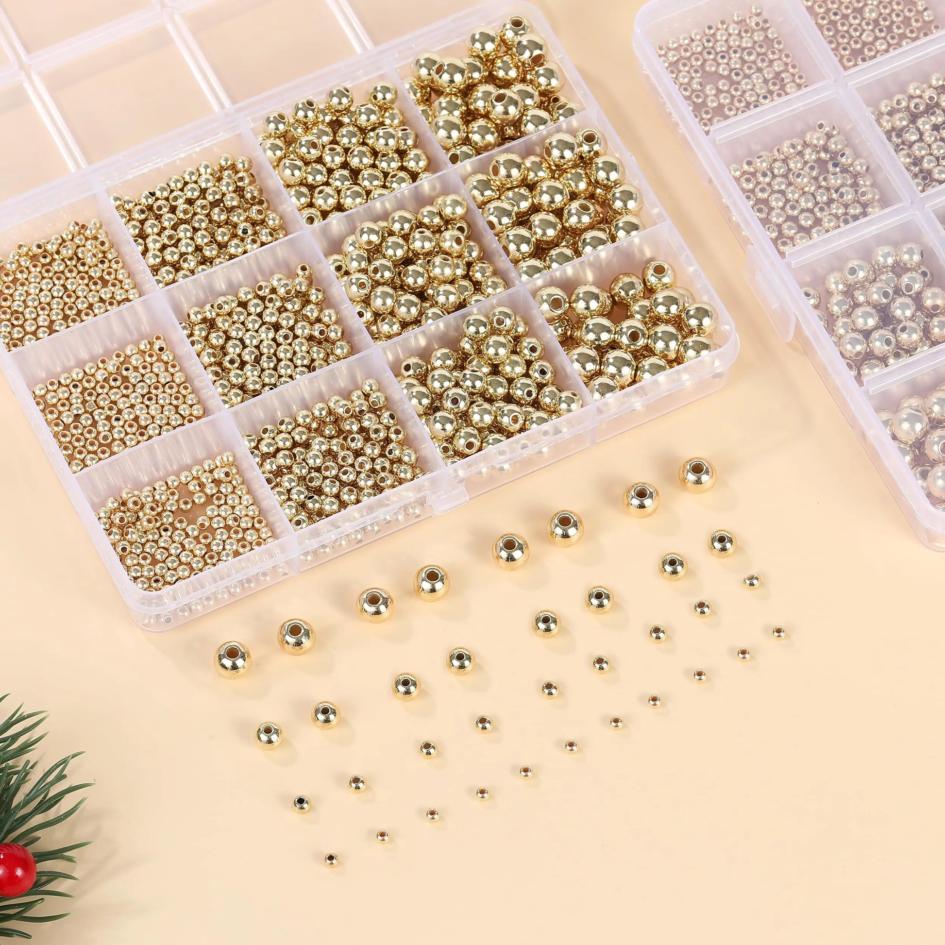 1100 Pcs Gold Beads Smooth Round Beads 3/4/6/8mm Gold Spacer Loose Ball Bead Kits Gold Filled Beads for Bracelet Jewelry Making