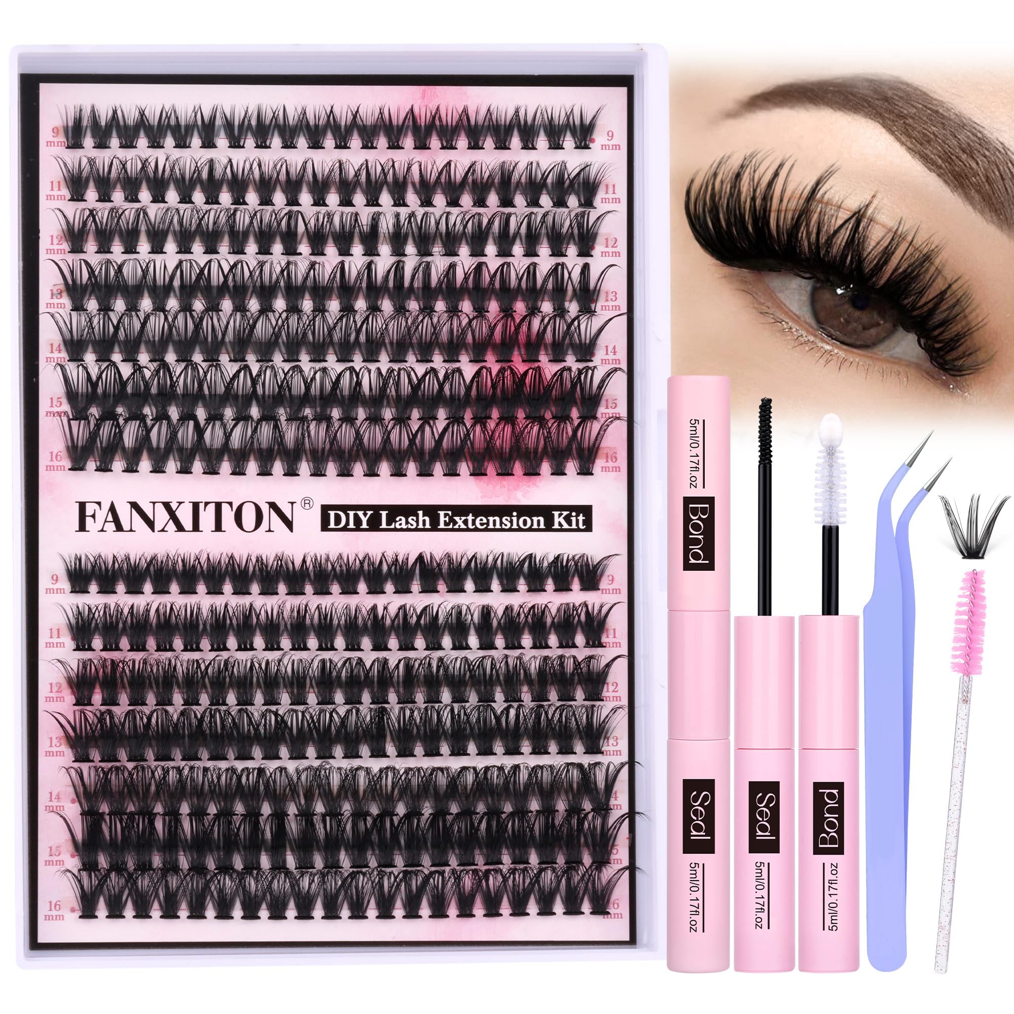 FANXITON DIY Wimpernverlängerungs-Kit Volumen-Wimpernbüschel 40D+50D D-Biegung Einzelwimpern Wimpernbüschel-Kit Dickes Wimpernverlängerungs-Kit 280 Stück Dünnband-Wimpernbüschel Wimpernkleber und Versiegelung Pinzette