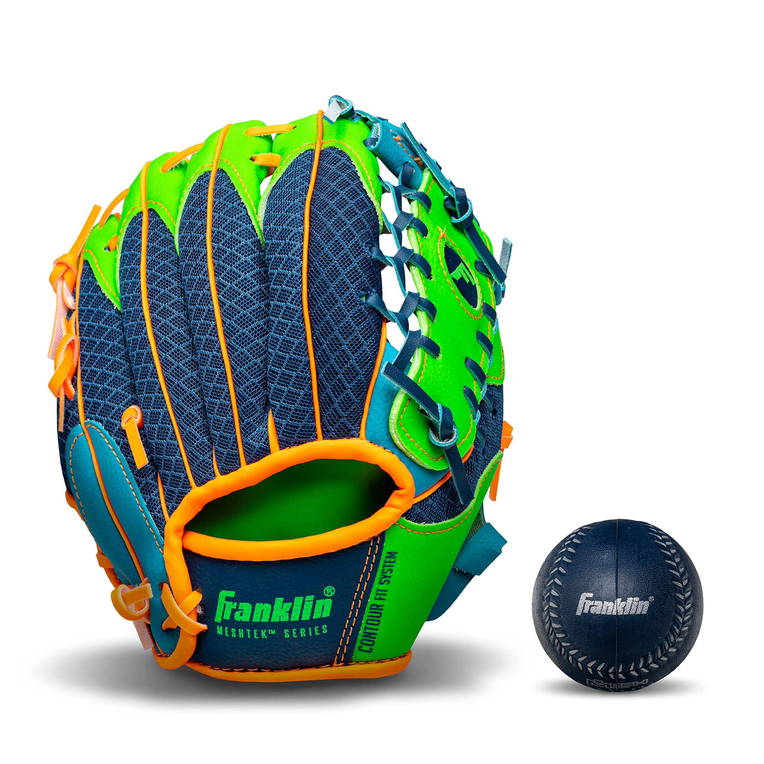 Franklin Sports Baseballhandschuhe - Meshtek Kinder-T-Ball-Handschuh + Ball - Jungen + Mädchen Teeball-Handschuh-Set - Kinder + Kleinkind Rechtshänder - 9,5" - Navy/Lime/Orange