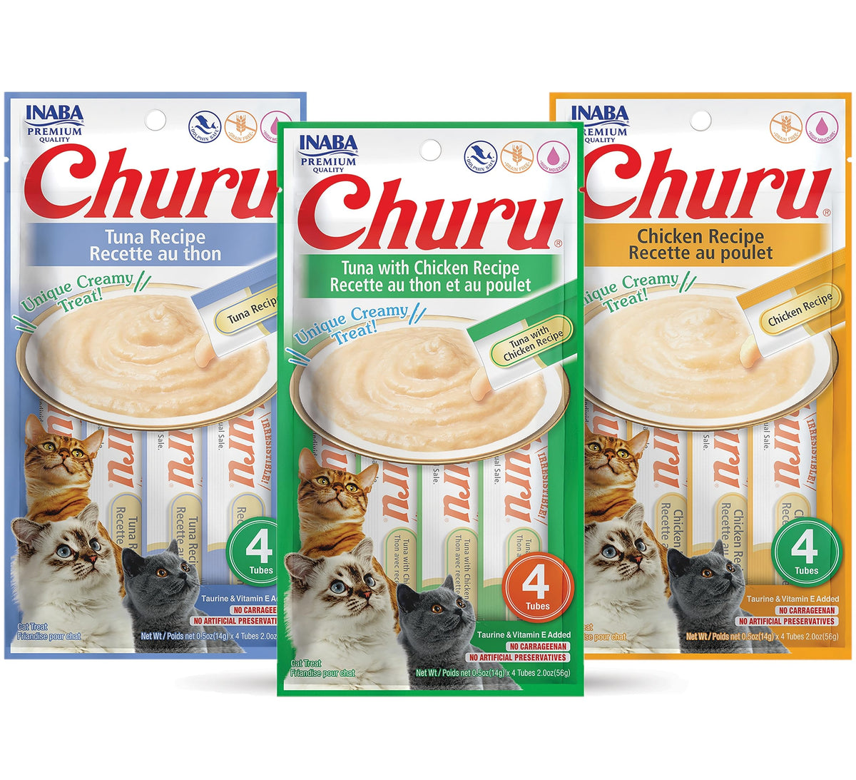 INABA Churu Lickable Puree Natural Cat Treats Tuna & Chicken 3 Flavor Assortment of 12 Tubes