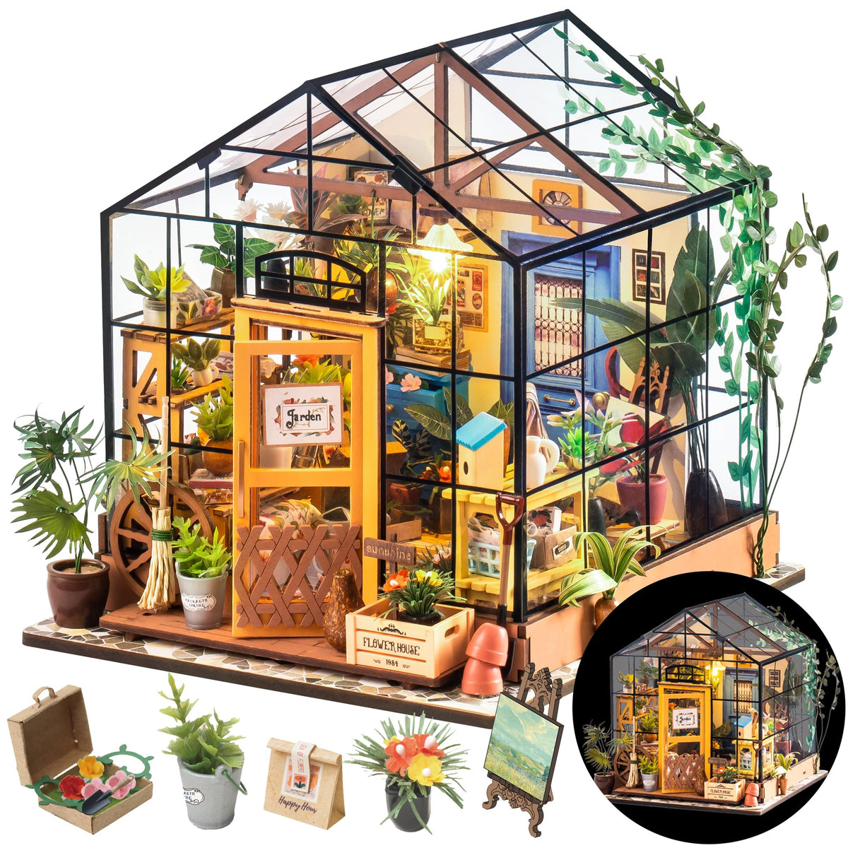 Rolife DIY Miniaturhaus Bausatz Gewächshaus, Tiny House Bausatz für Erwachsene zum Bauen, Mini Haus Bastelset mit Möbeln, Halloween/Weihnachtsdekoration/Geschenke für Familie und Freunde (Cathy's Gewächshaus)