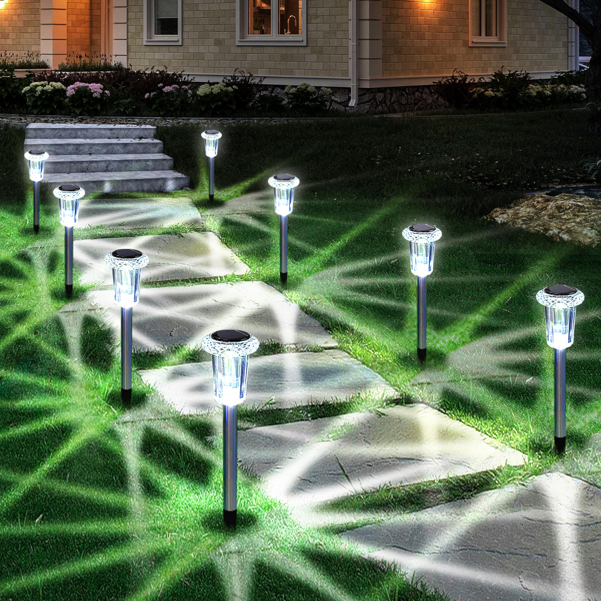 Eyrosa Solar-Außenleuchten, 10er-Pack wasserdichte Solar-Gartenleuchten aus Edelstahl für Gartenwege, Terrassen, Einfahrten, Rasenflächen, Außendekoration, Kaltweiß
