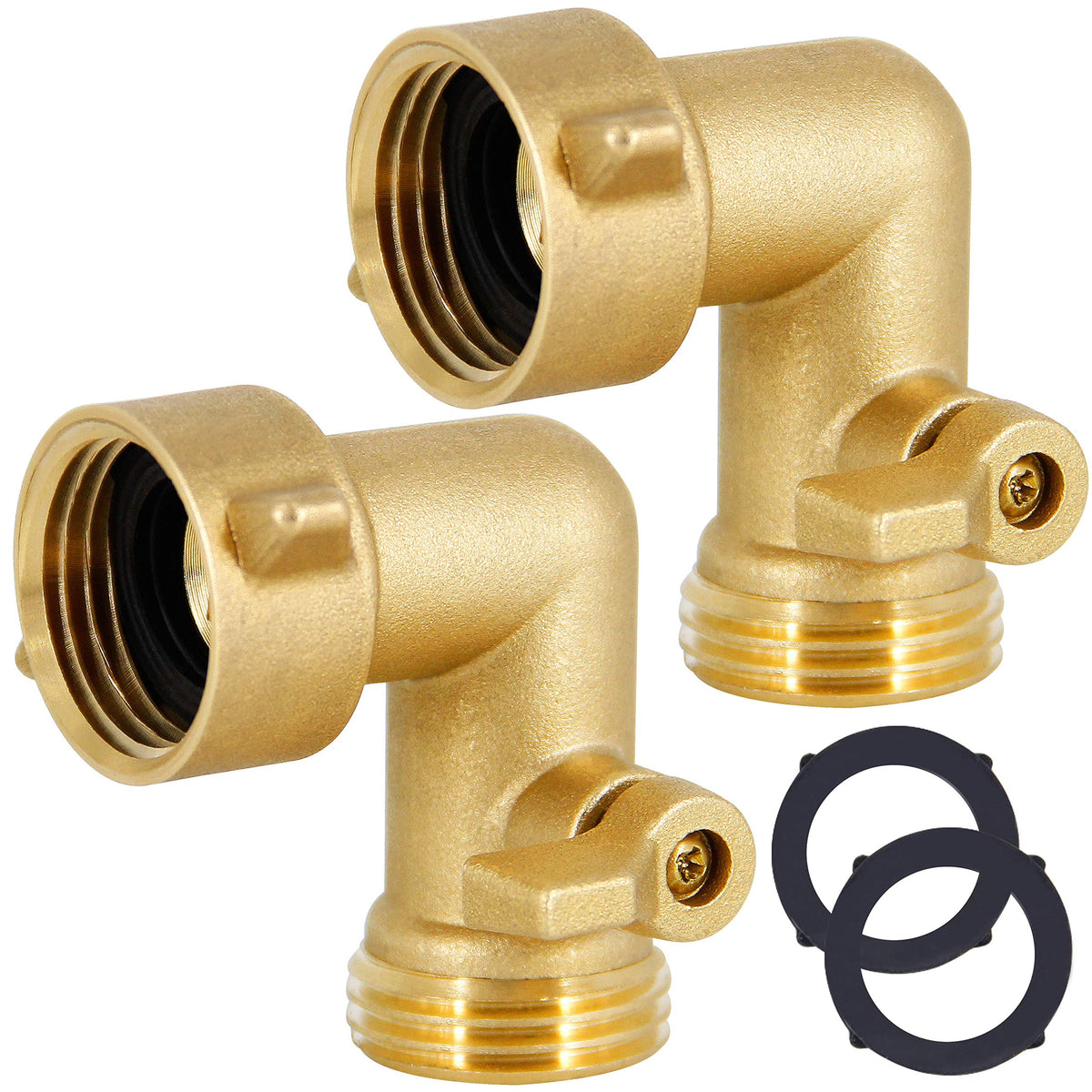 Lifynste Garden Hose Elbow Connector, 90 Degree Brass Garden Hose Elbow Adapter with Shut Off Valves, 2 Pack
