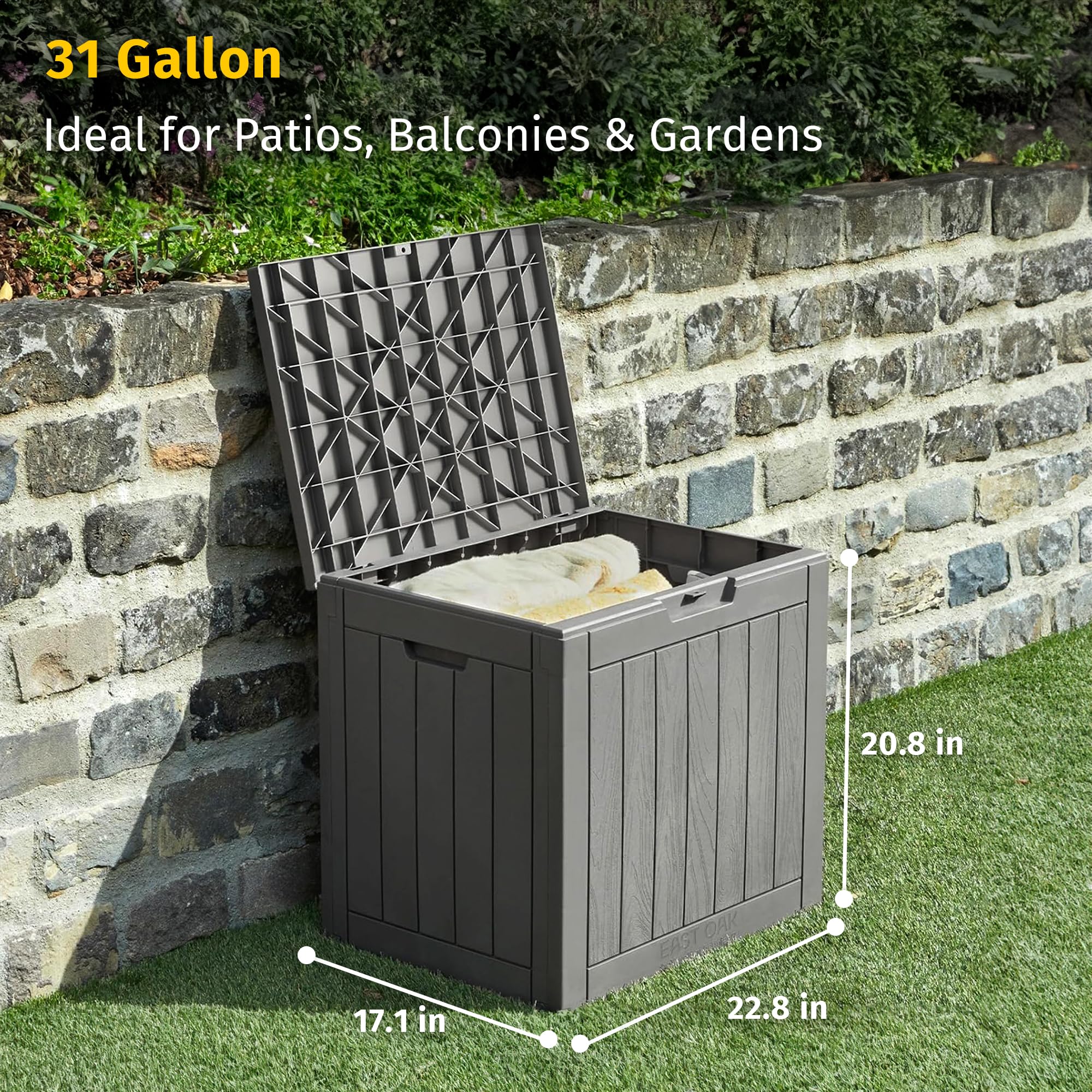 EAST OAK Outdoor Storage Box, 31 Gallon Deck Box Indoor and Outdoor Use, Waterproof Resin Storage Bin for Package Delivery, Patio Cushions, Gardening Tools, Lockable, UV Resistant, Grey