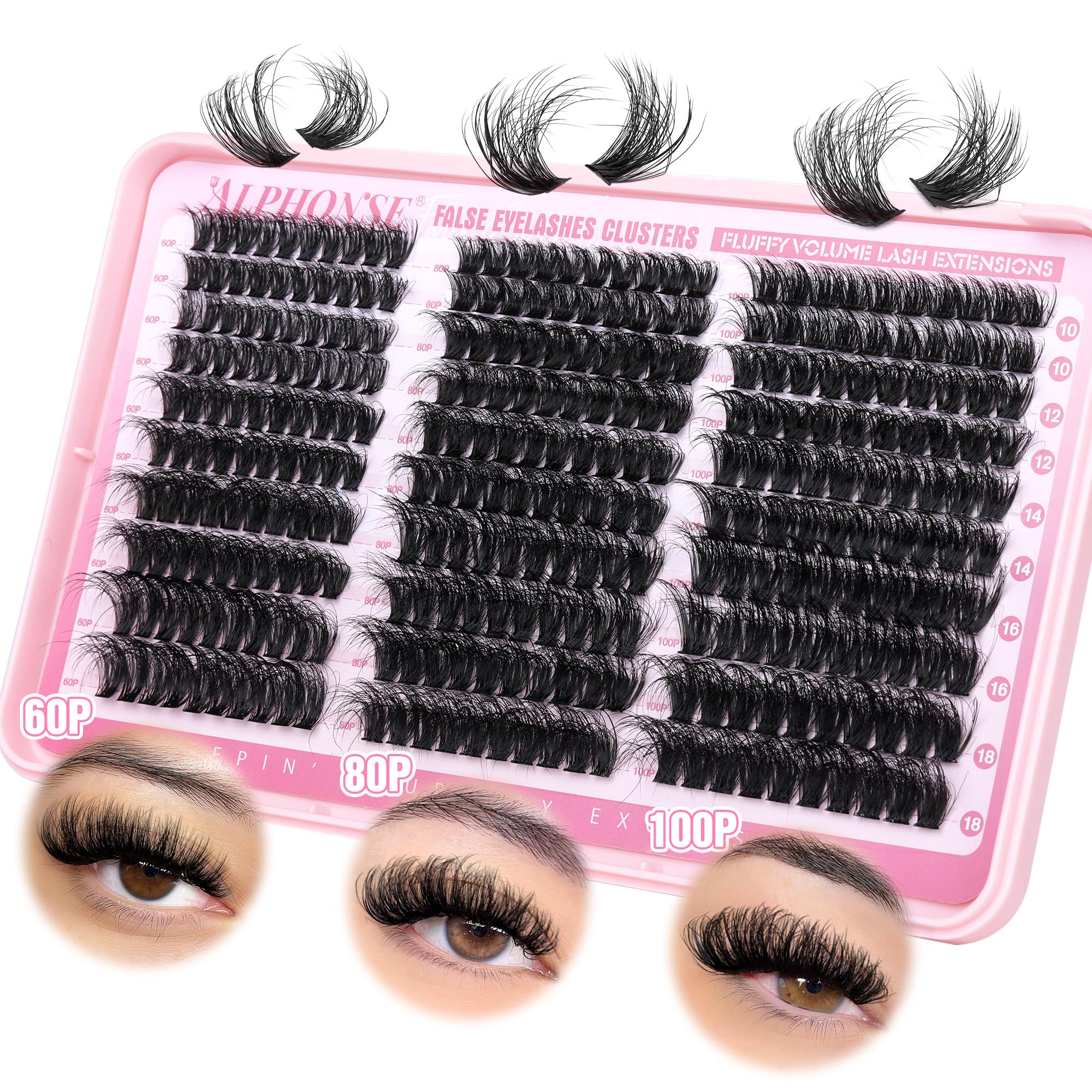 Voluminöse Wimpernbüschel für dicke Wimpernverlängerungen 10-18mm Cluster Wimpernverlängerungen DIY Einzelwimpern Wispy für Zuhause Pestaas Pelo a Pelo von ALPHONSE (60D+80D+100D, 300 Stk.)