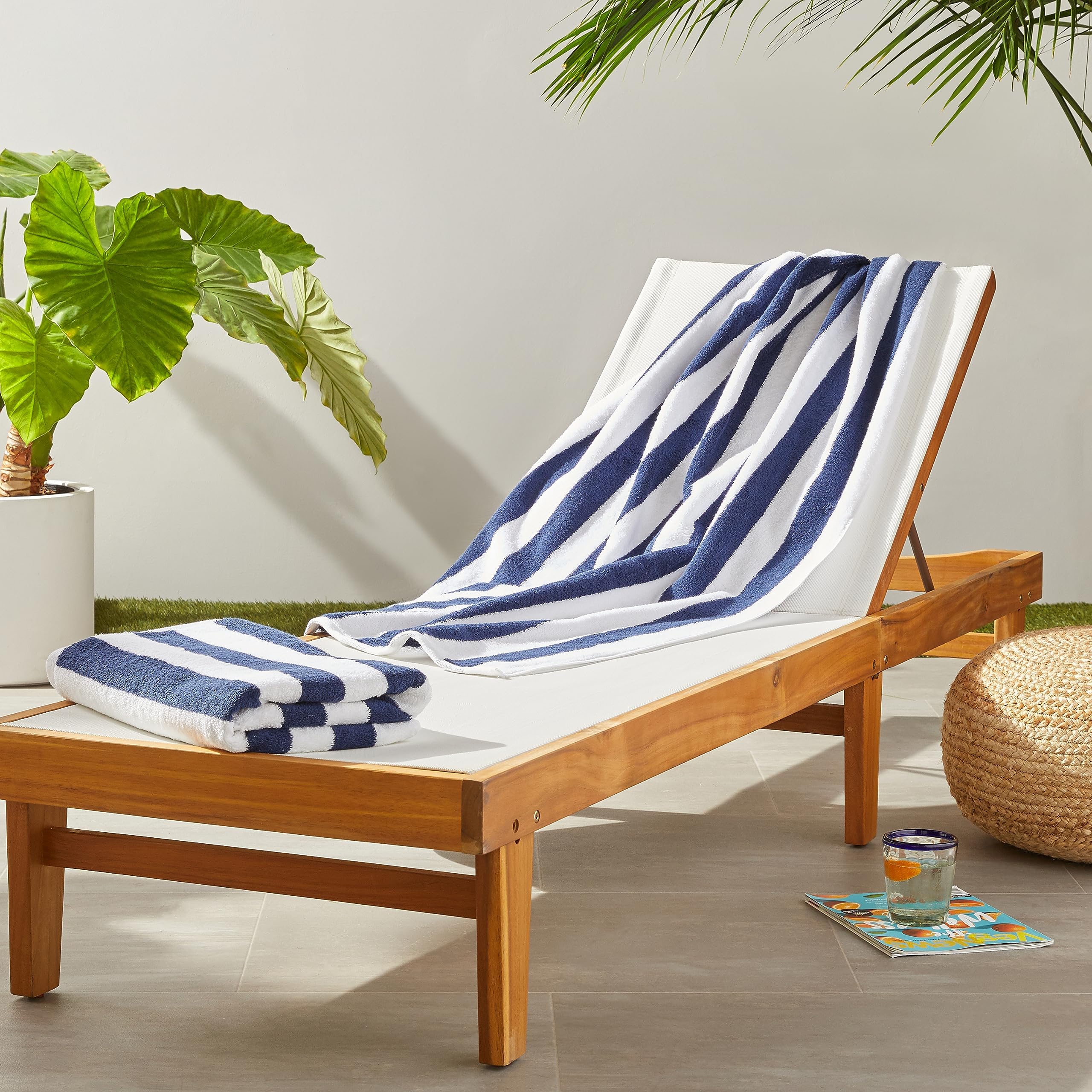 Amazon Basics 100% Cotton Terry Absorbent Cabana Stripe Pool & Beach Towels, Soft, Large, and Thick, 2-Pack, Navy Blue, 30 in x 60 in