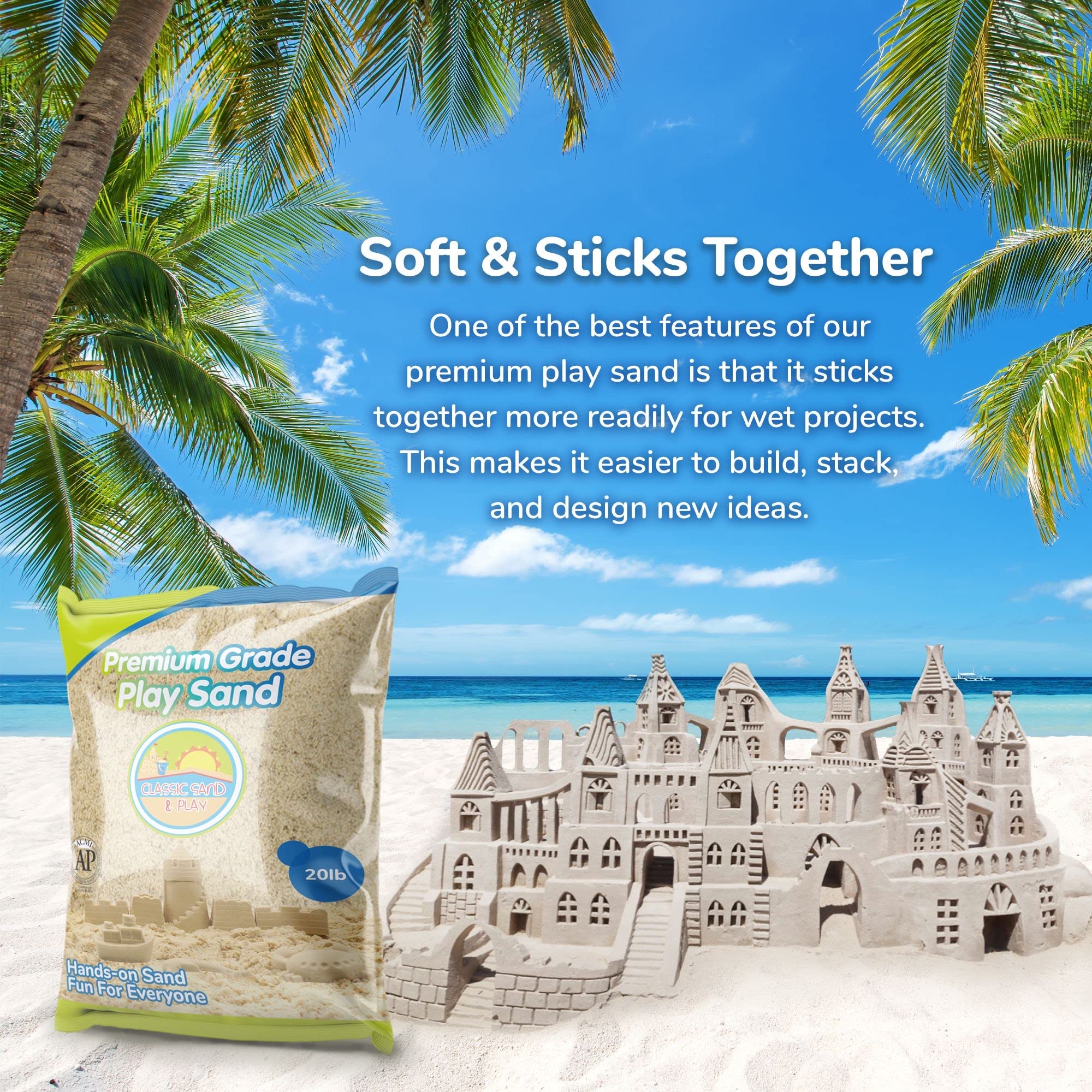 Classic Sand and Play Sand for Sandbox, Table, Therapy, and Outdoor Use, 20 lb. Bag, Natural, Non-Toxic, Wet Castle Building for Creativity and Stimulates Sensory Skills