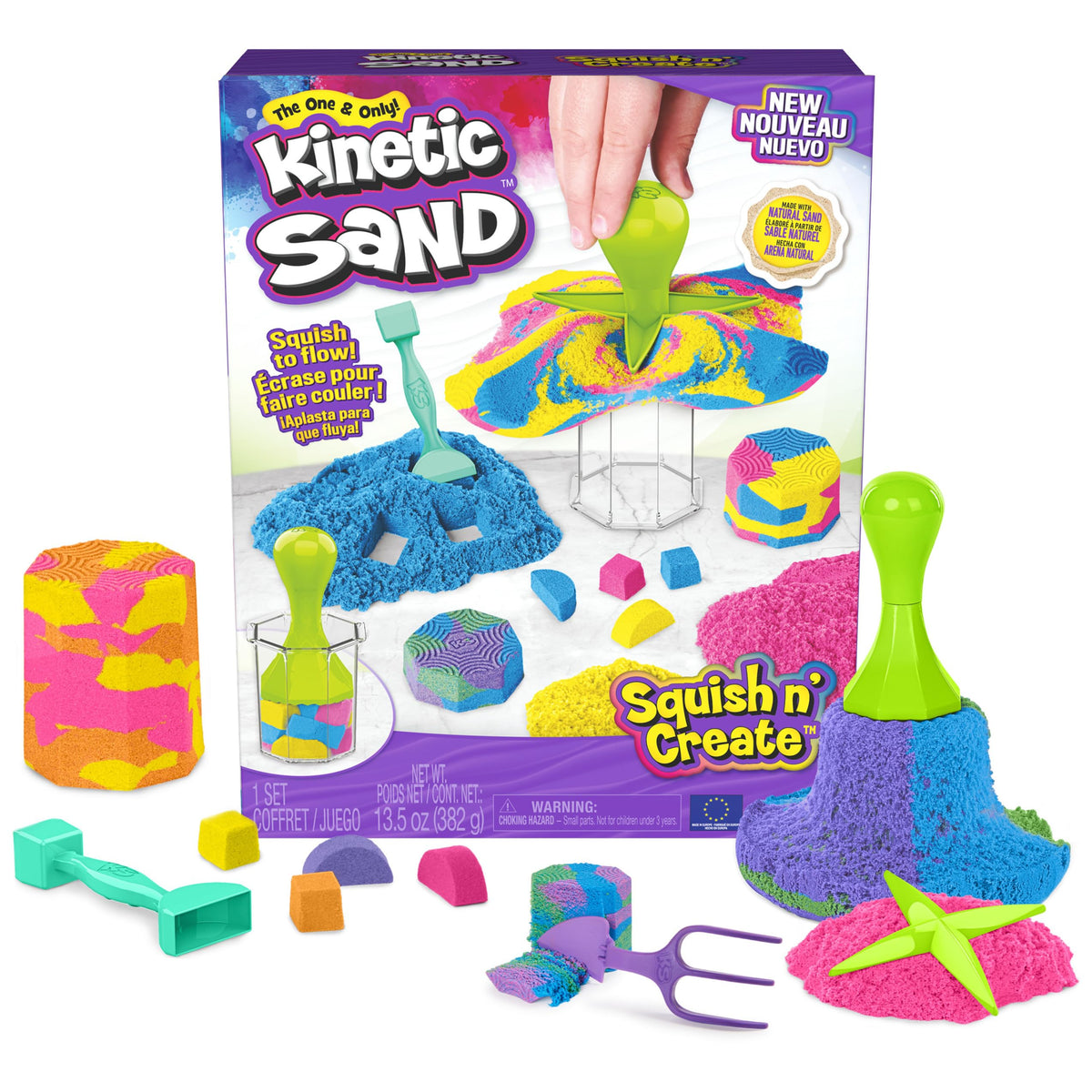 Kinetic Sand, Squish N' Create Spielset mit 382g blauem, gelbem und rosafarbenem Spielsand, 5 Werkzeugen, sensorisches Spielzeug für Kinder ab 3 Jahren