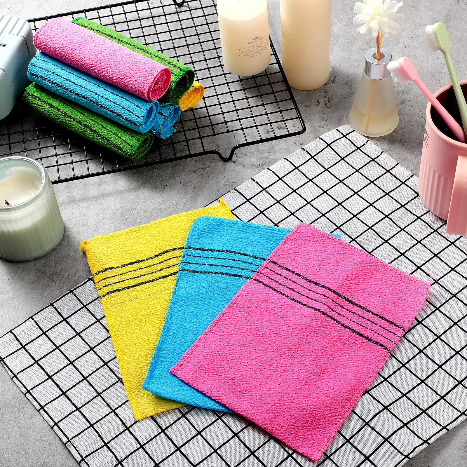 Tatuo 12 Pieces Korean Exfoliating Mitt Glove Italy Towel Body Skin Scrubber Exfoliating Scrubber for Remove Dead Skin Washcloth Korean(Small,Yellow, Green, Blue, Pink)
