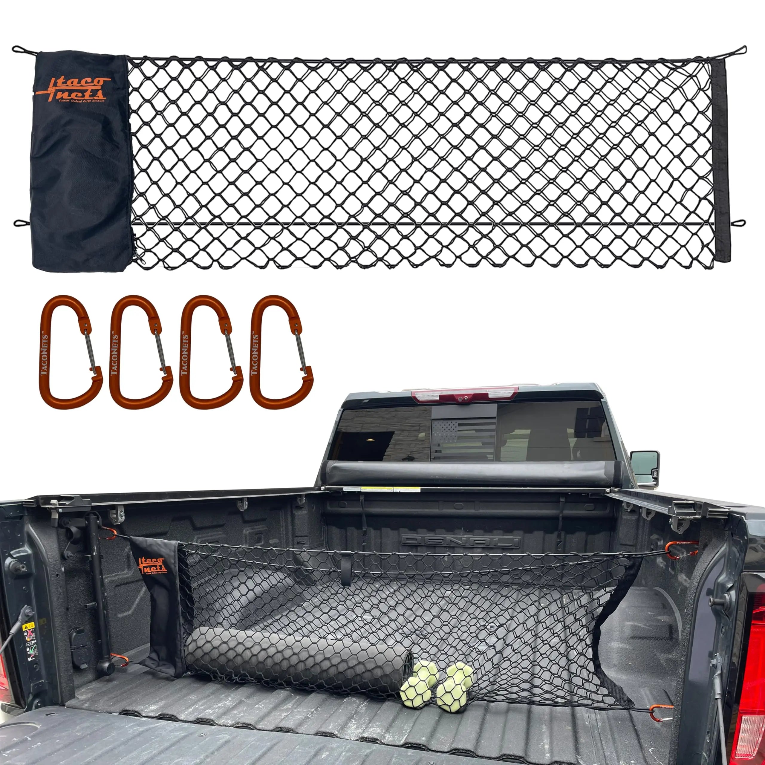 TacoNets Envelope Cargo Net for GMC Sierra & Chevy Silverado - Fits 2013-2025 - Upgraded 5mm Bungee - Integrated Storage Bag - Heavy Duty Carabiners - Designed in USA - 18" x 50"
