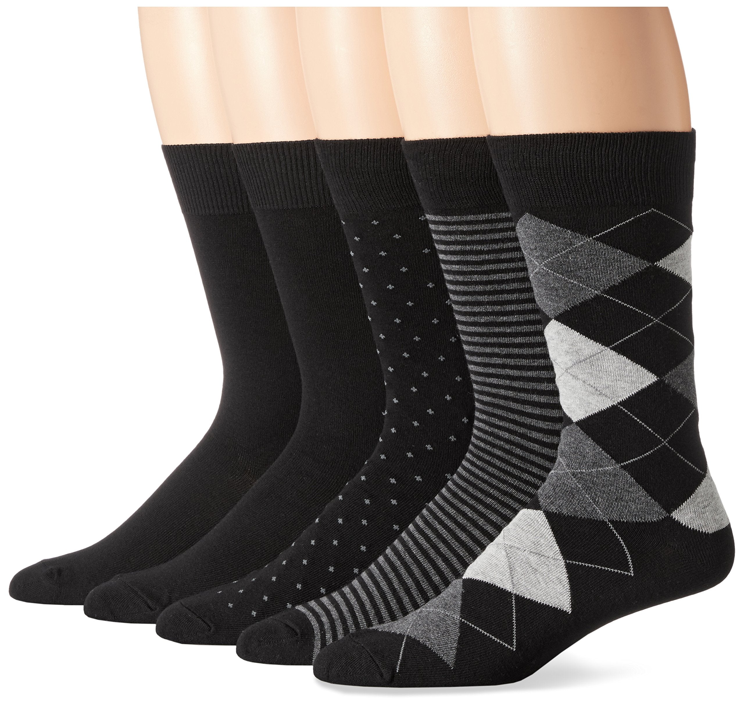 Amazon Essentials Herren Bequeme Gemusterte Anzugsocken, 5 Paar, Schwarz/Punkte/Karo/Streifen, Größe 41-46